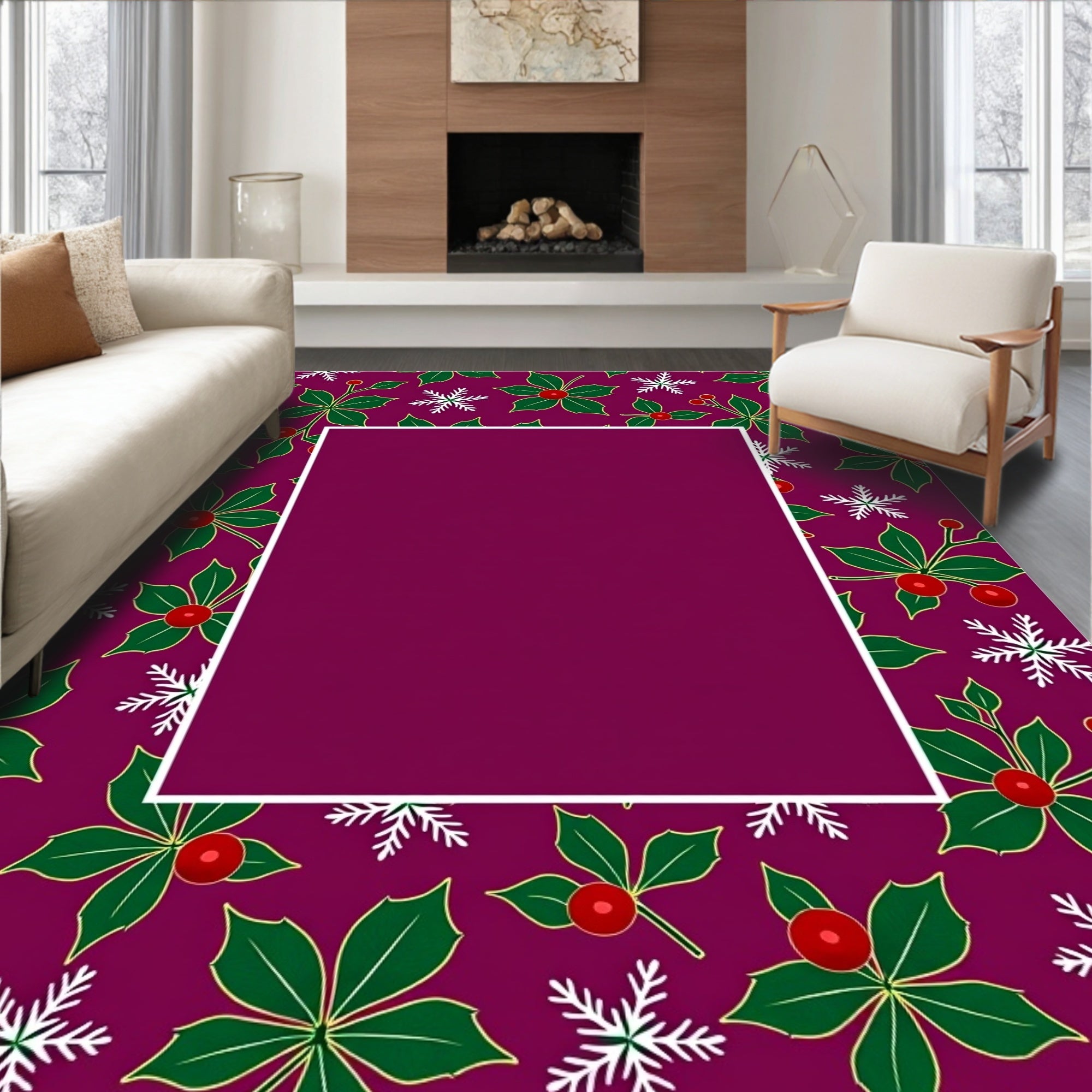 Festive Holly Snow Flurry Background Rug