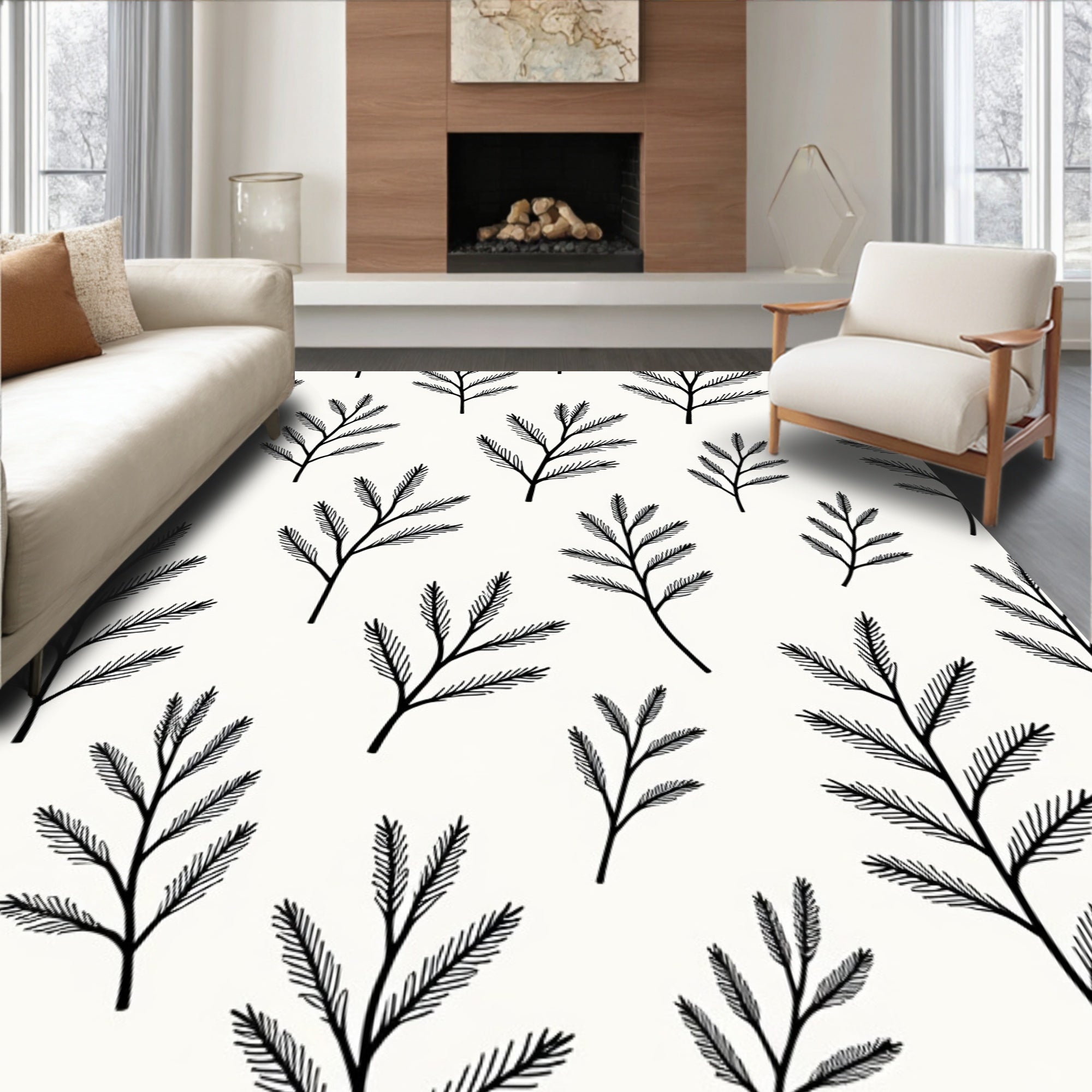 Minimalist Black Branch Fern Texture Rug