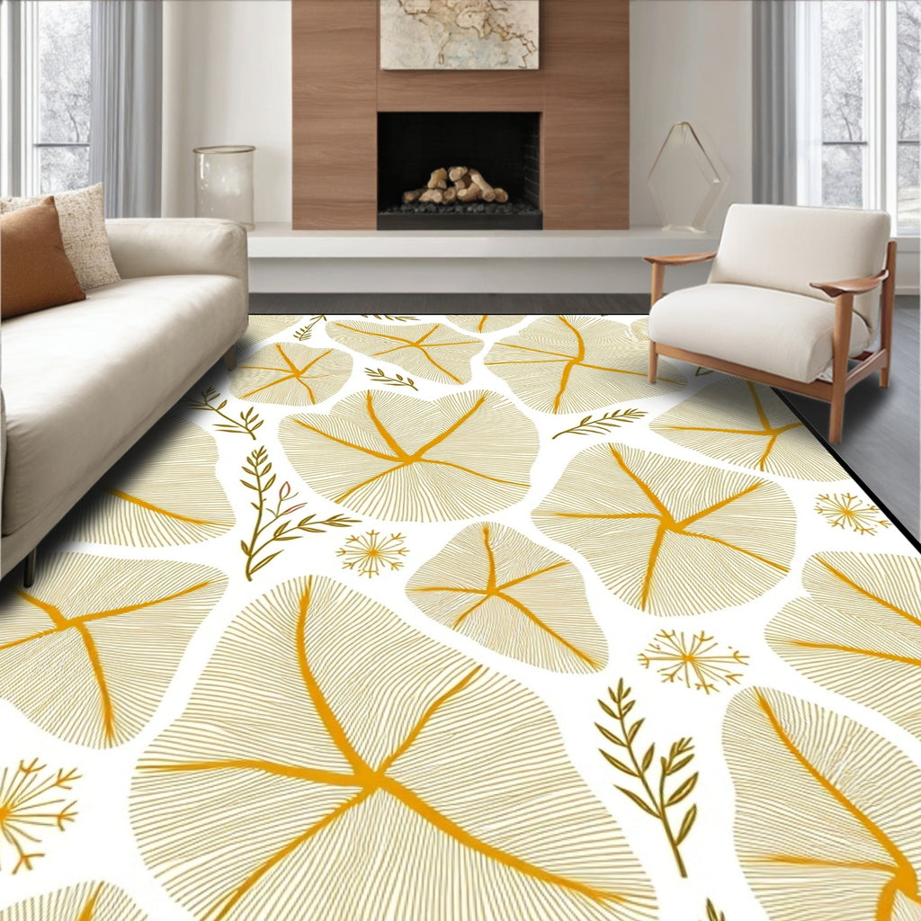Golden Sunburst Floral Whimsical Leaf Rug