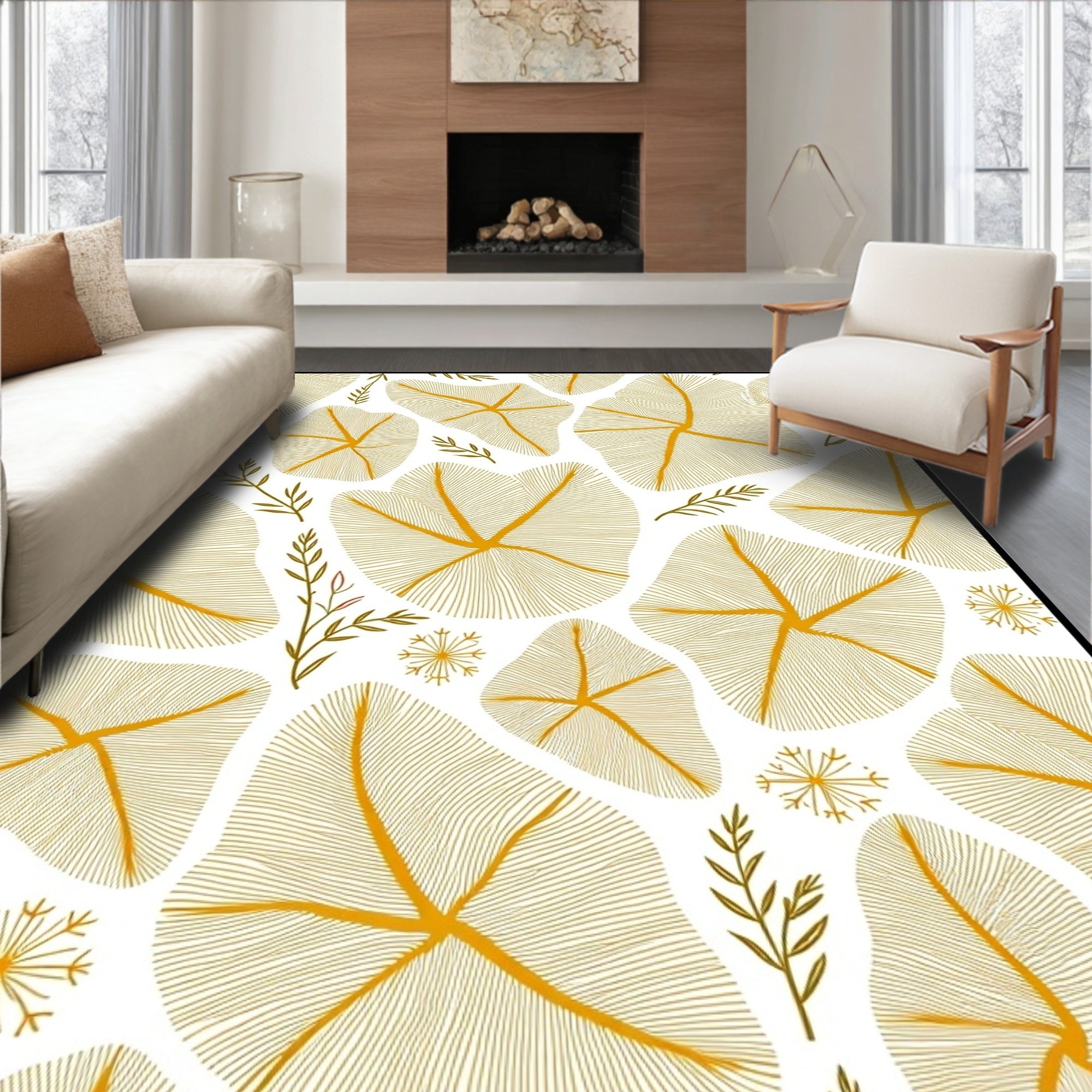 Golden Sunburst Floral Whimsical Leaf Rug