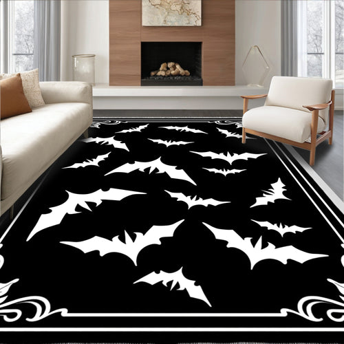 Black White Flying Bats Bordered Rug
