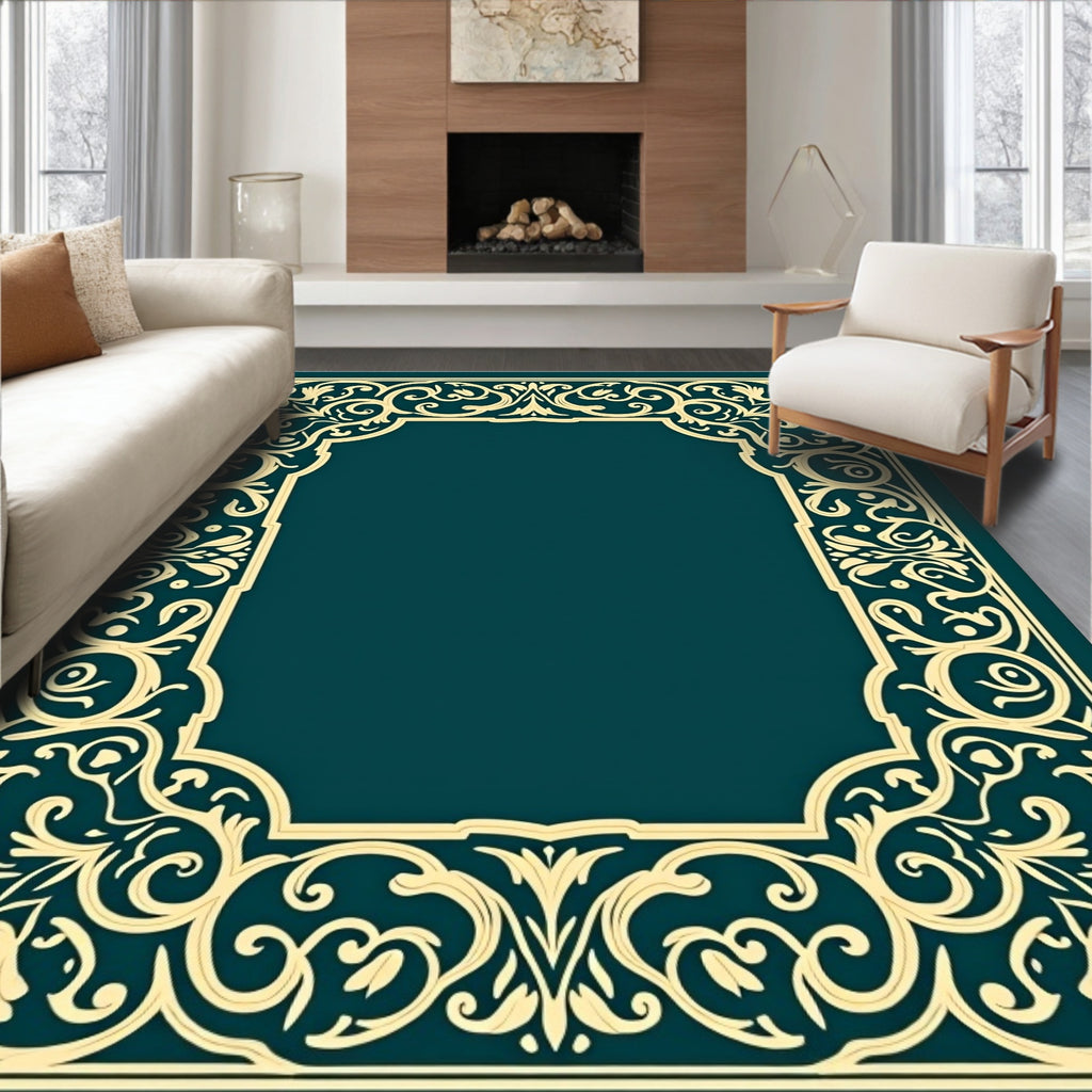 Ornate Teal Golden Baroque Frame Rug