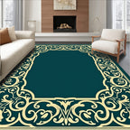 Ornate Teal Golden Baroque Frame Rug