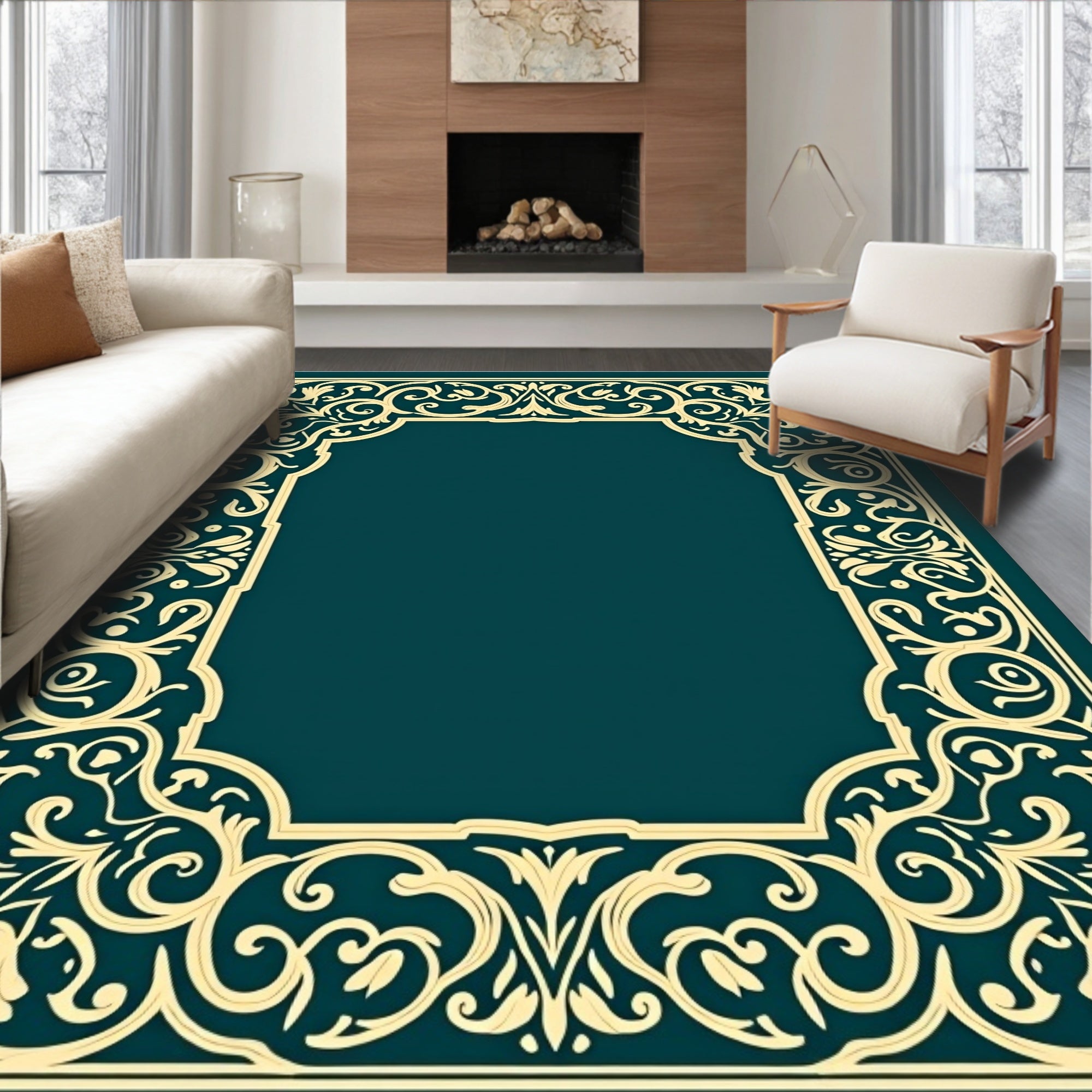 Ornate Teal Golden Baroque Frame Rug