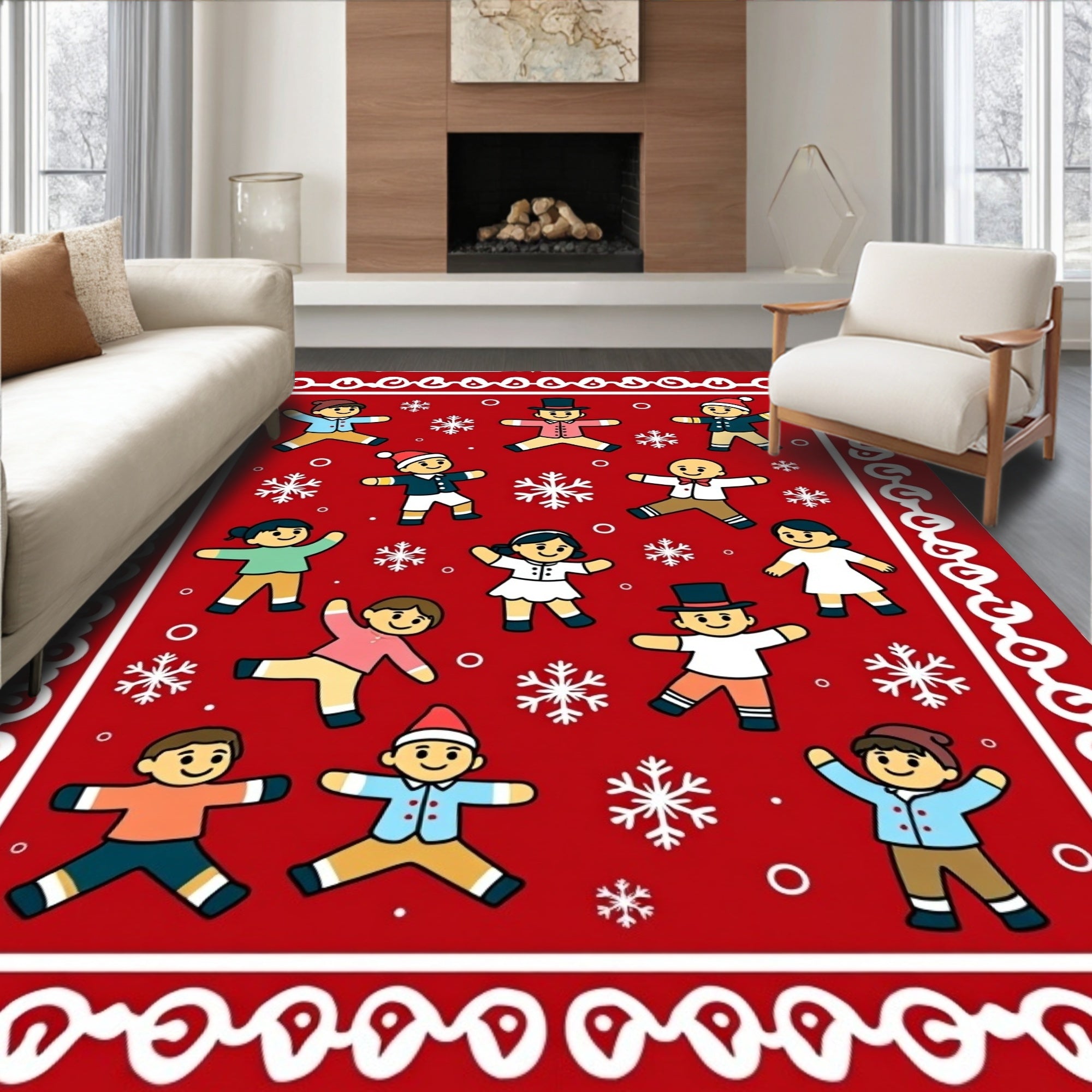 Festive Red Christmas Kids Snowflakes Border Rug