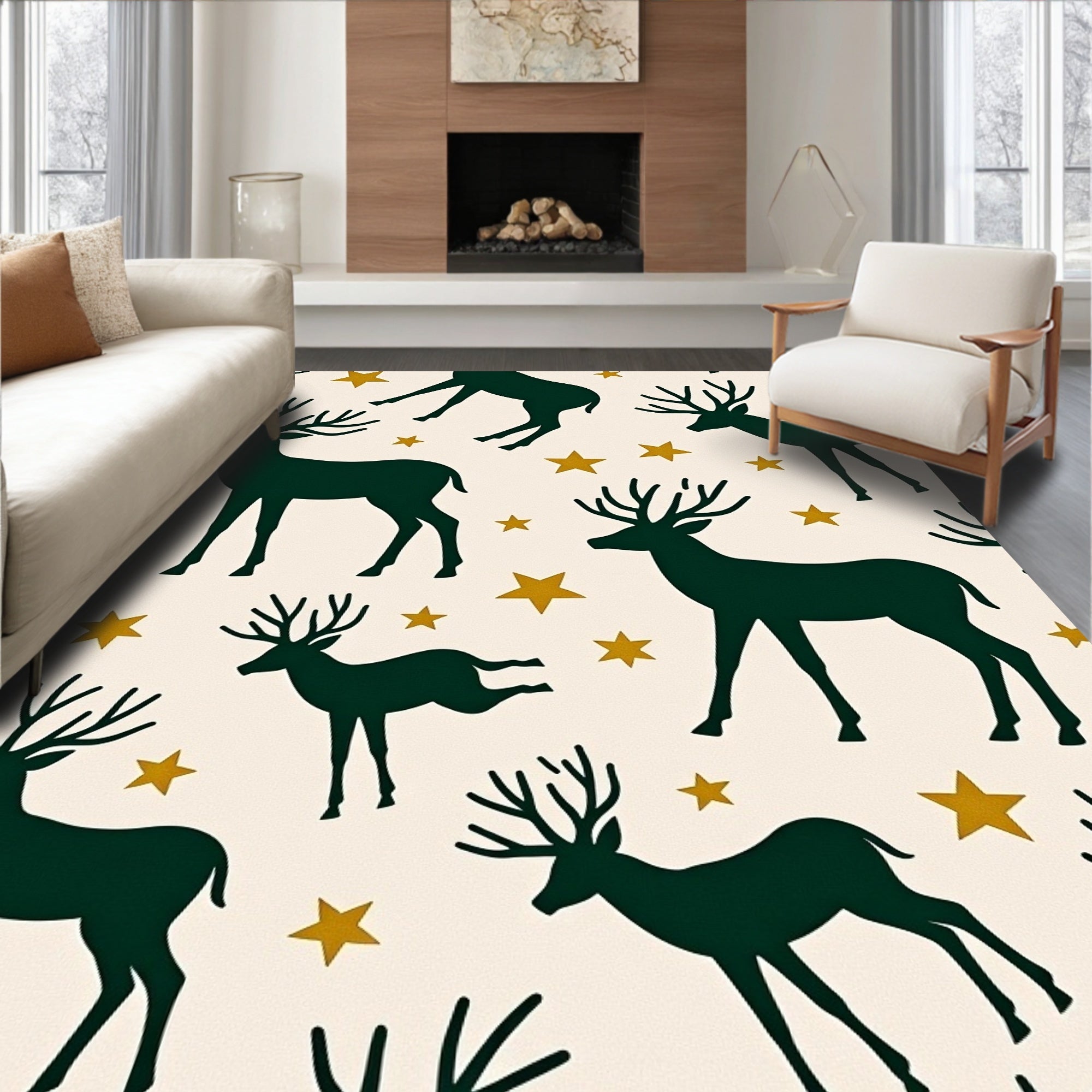 Deep Green Deer With Golden Stars Rug
