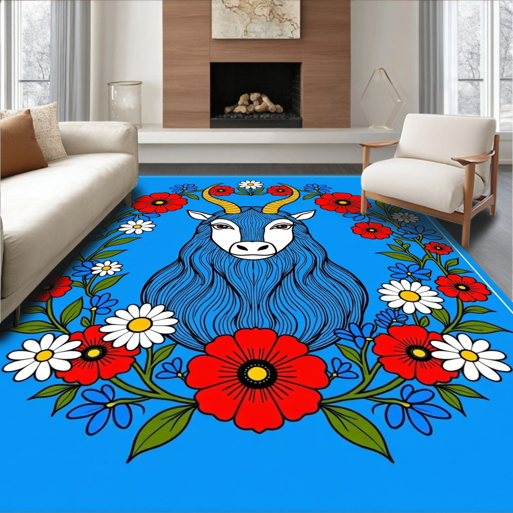 Bold Blue Goat Floral Crown Rug