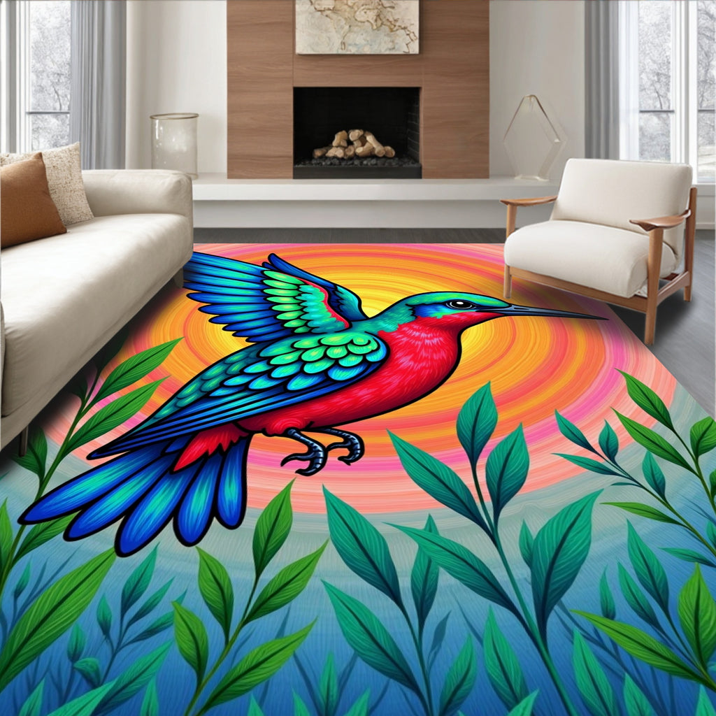 Vibrant Hummingbird Pink Green Sunburst Rug
