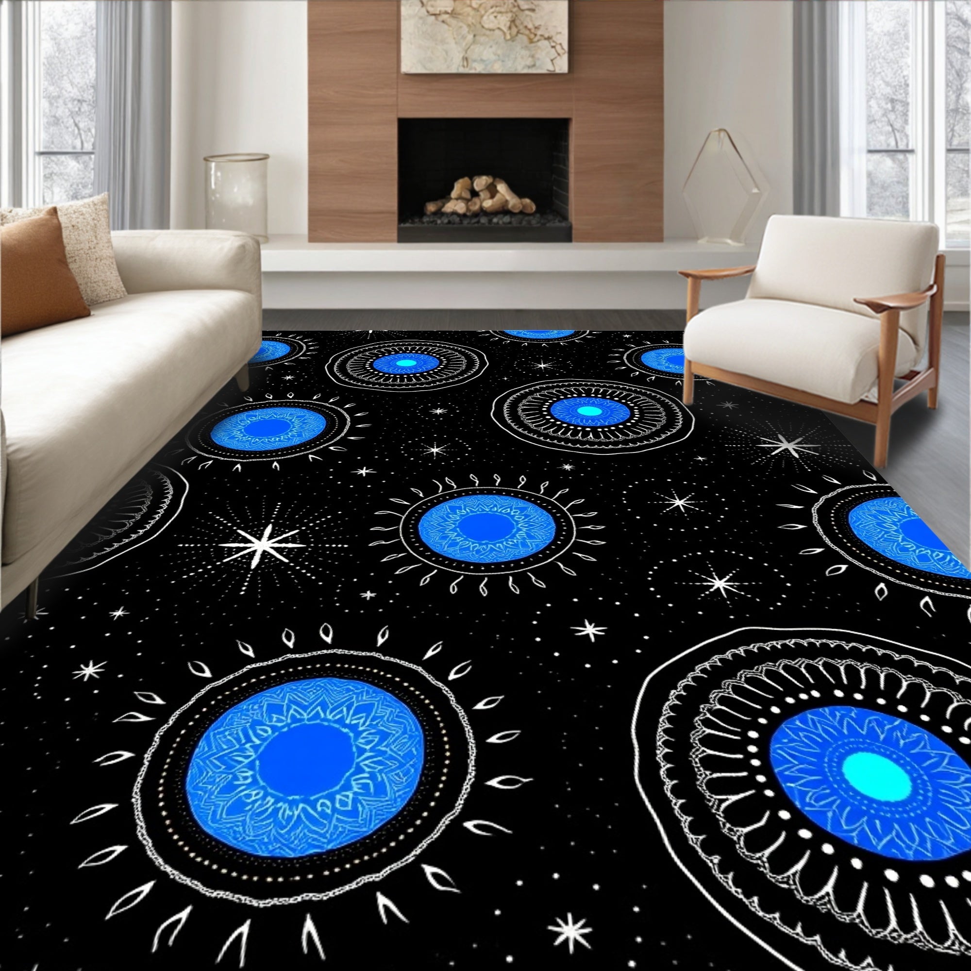Celestial Blue Sunburst Starry Rug