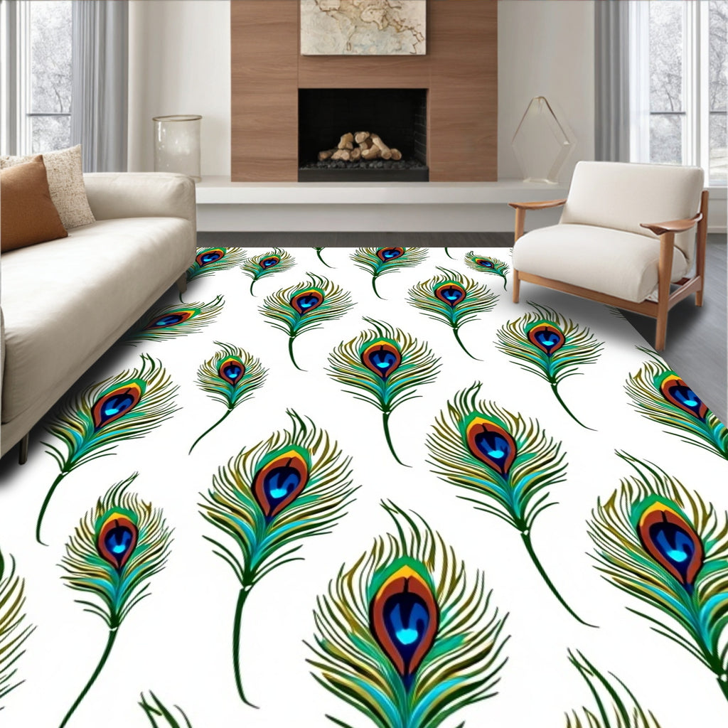 Vibrant Emerald Blue Peacock Feather Rug