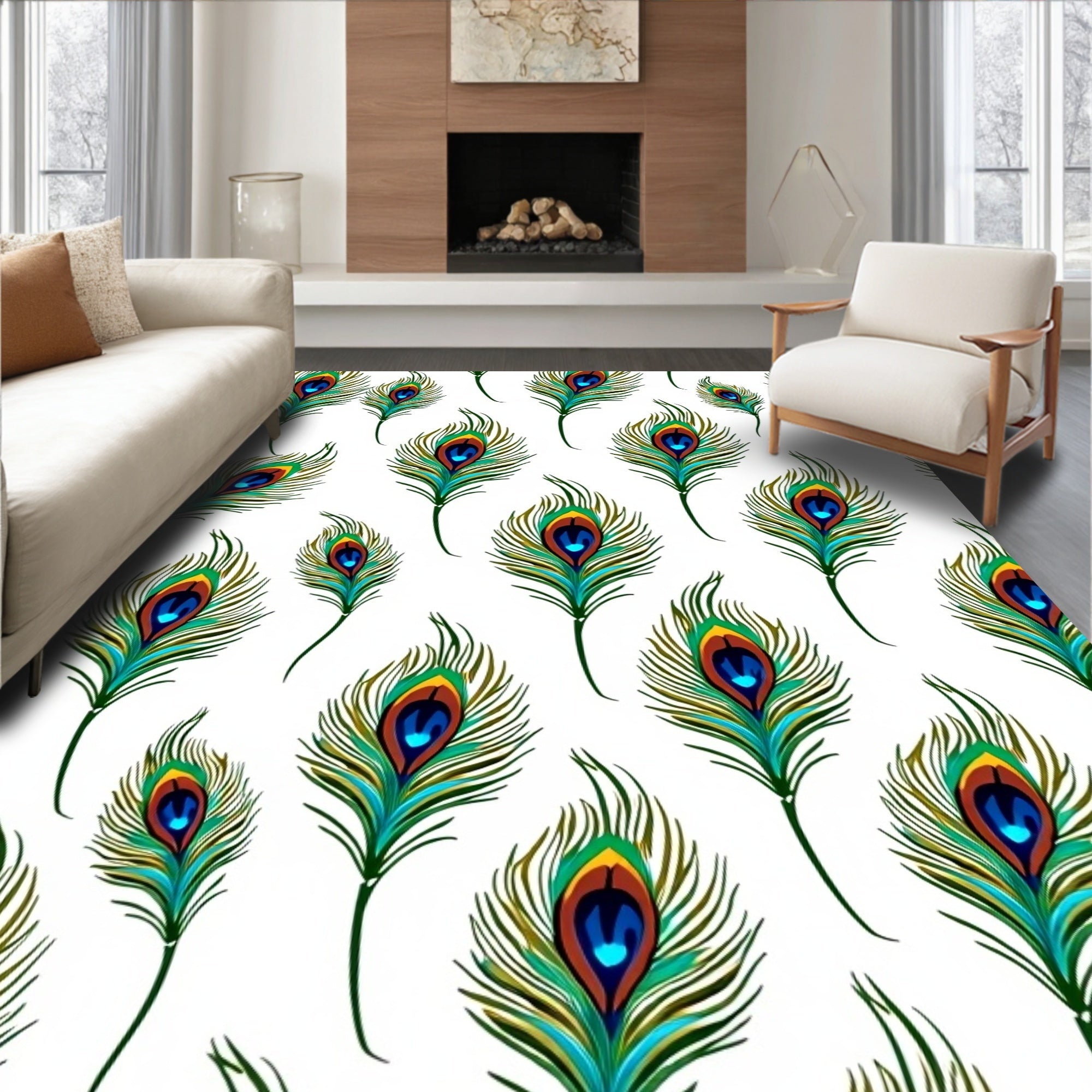 Vibrant Emerald Blue Peacock Feather Rug