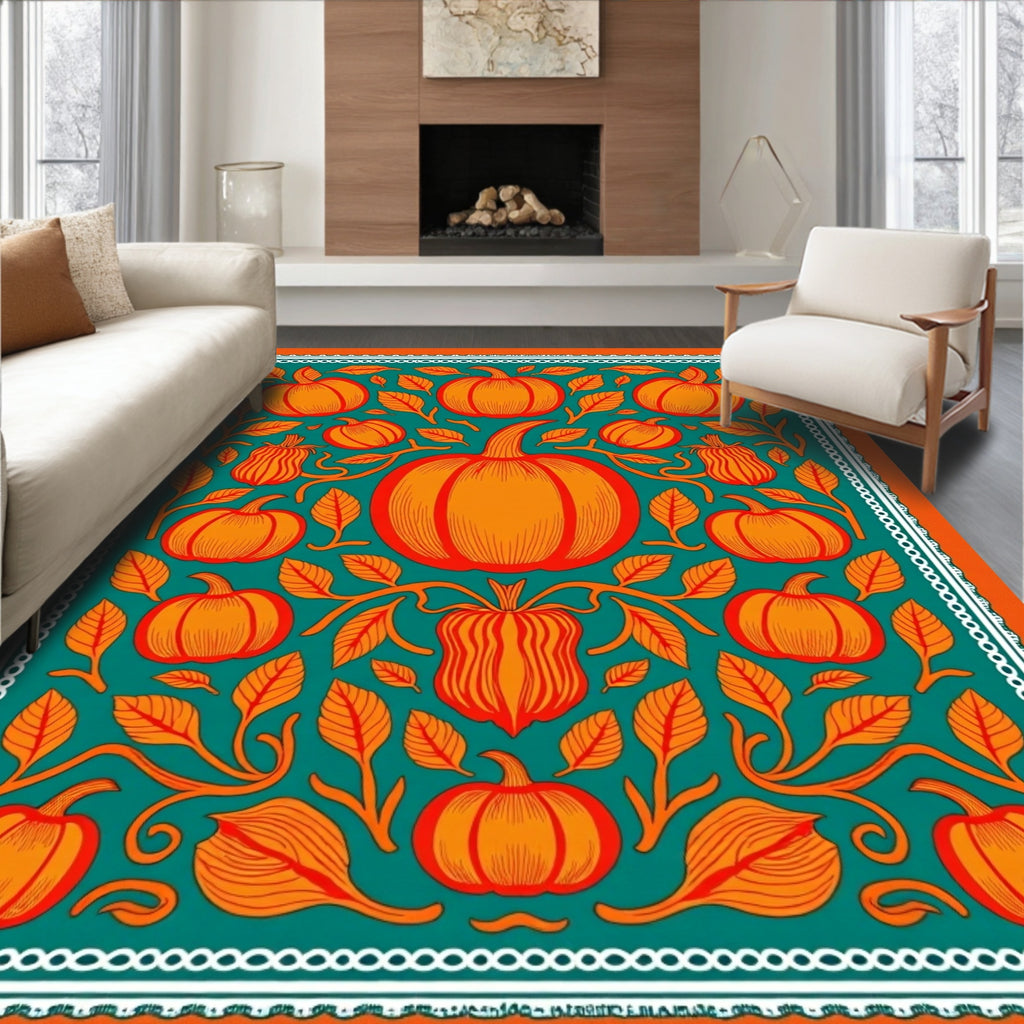 Orange Pumpkin Swirl Teal Vine Rug
