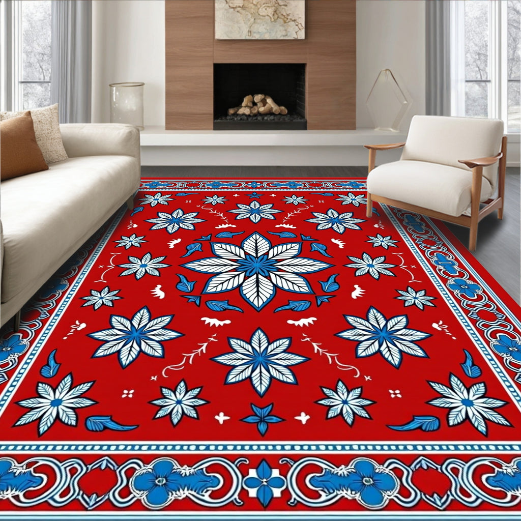 Vibrant Red Blue Floral Medallion Border Rug