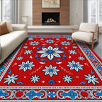 Vibrant Red Blue Floral Medallion Border Rug