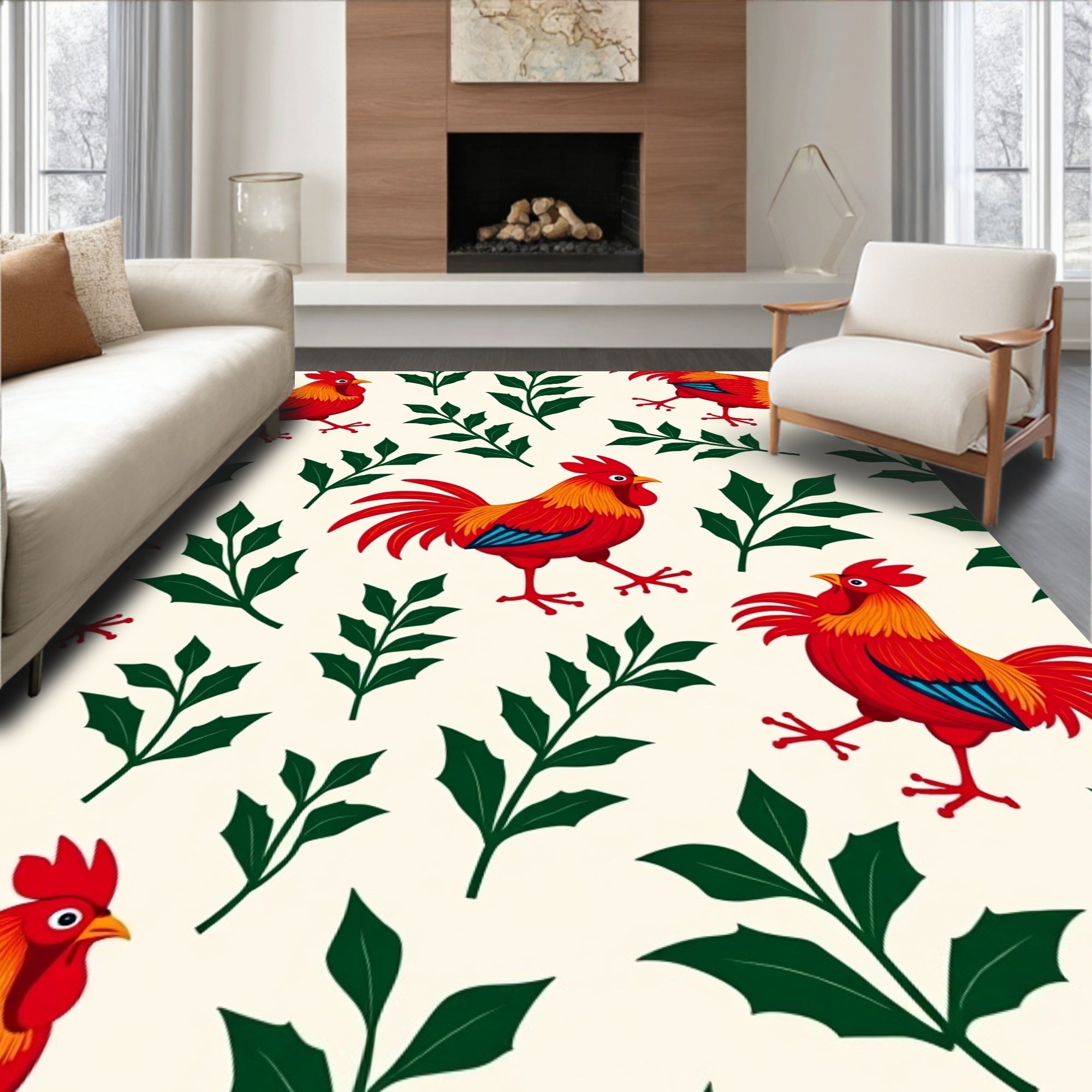 Red Roosters Green Leafy Branches Rug