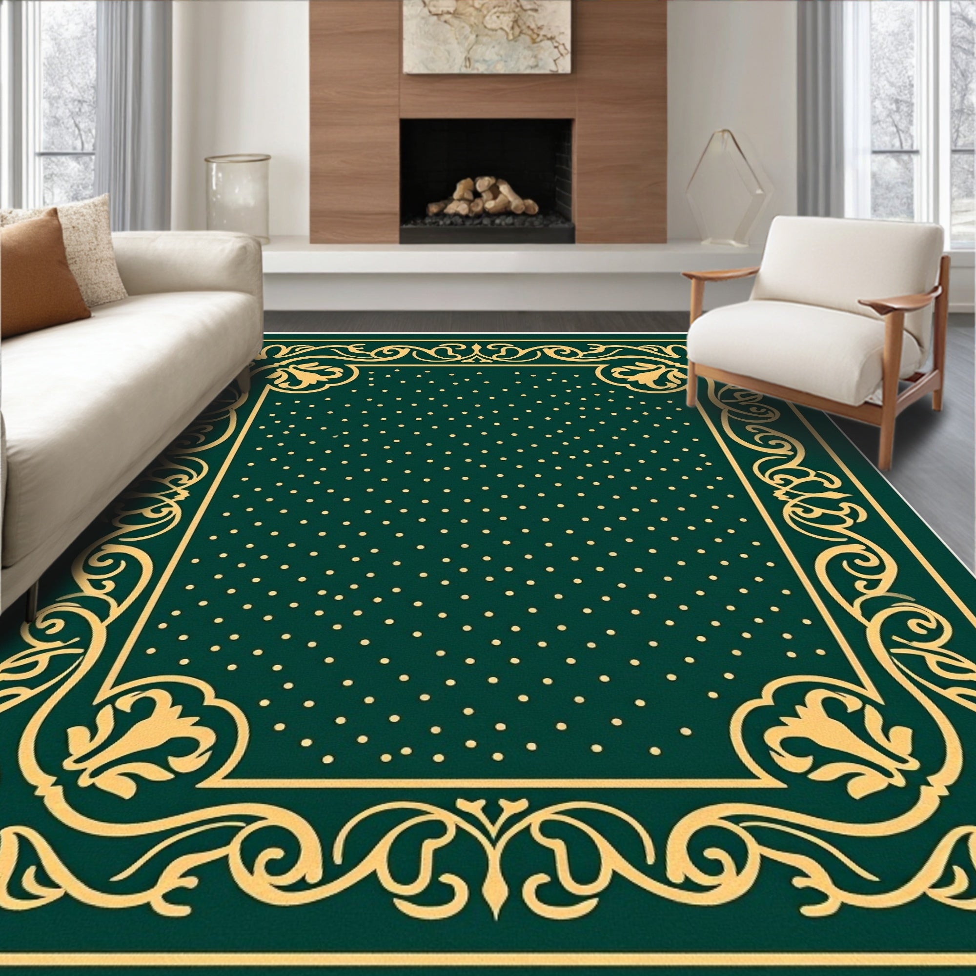Emerald Green Golden Floral Damask Rug