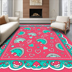 Whimsical Teal Hearts Quirky Creatures Rug