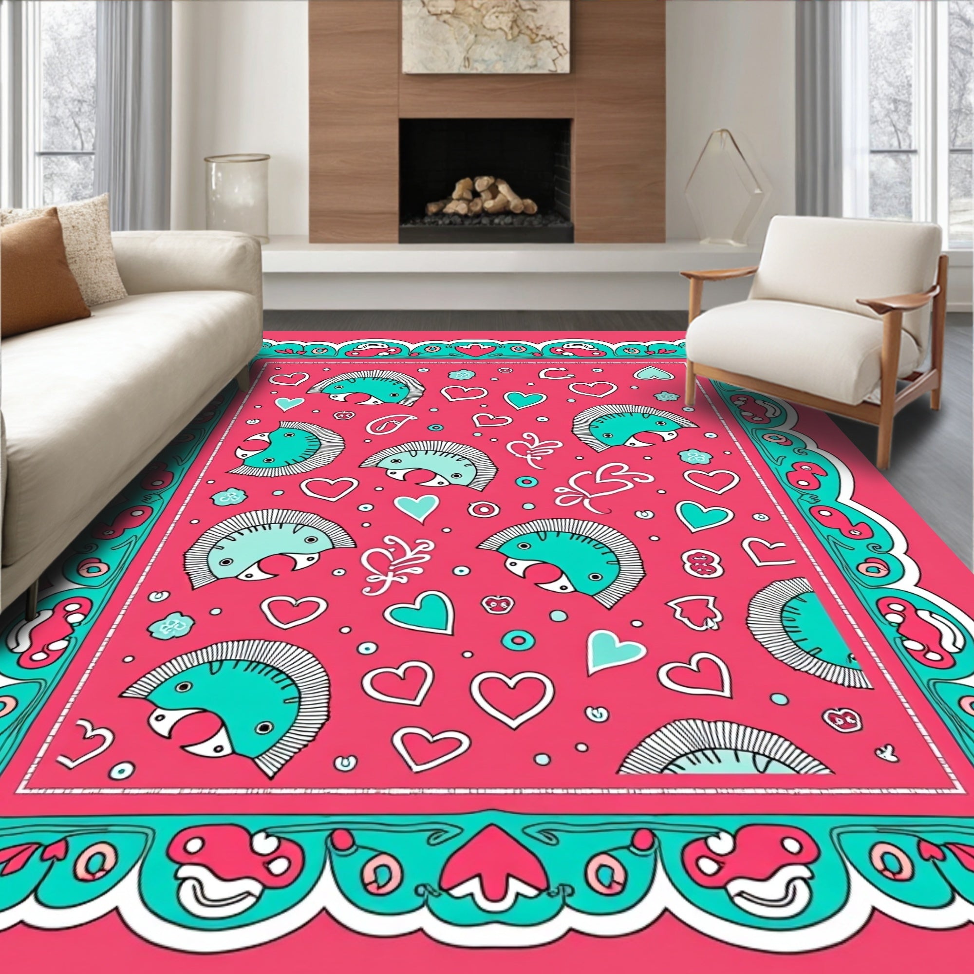 Whimsical Teal Hearts Quirky Creatures Rug