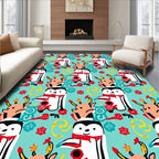 Cute Penguin Reindeer Red Holly Swirls Rug