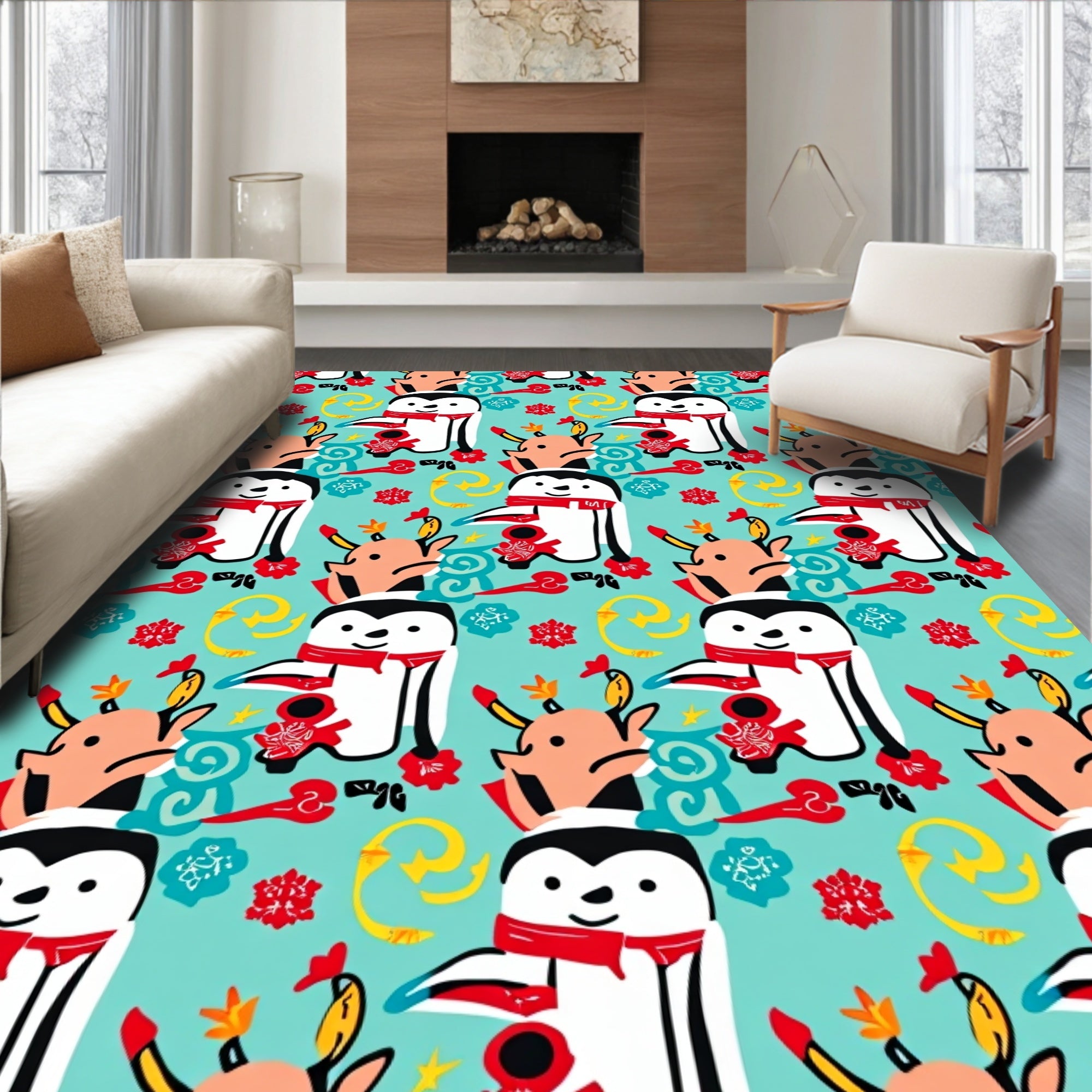 Cute Penguin Reindeer Red Holly Swirls Rug
