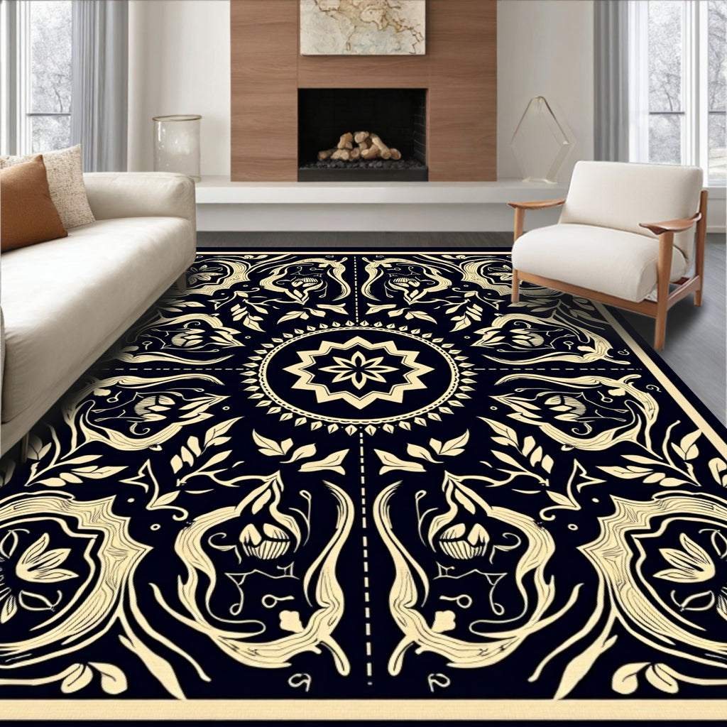 Ornate Black and Gold Floral Medallion Rug