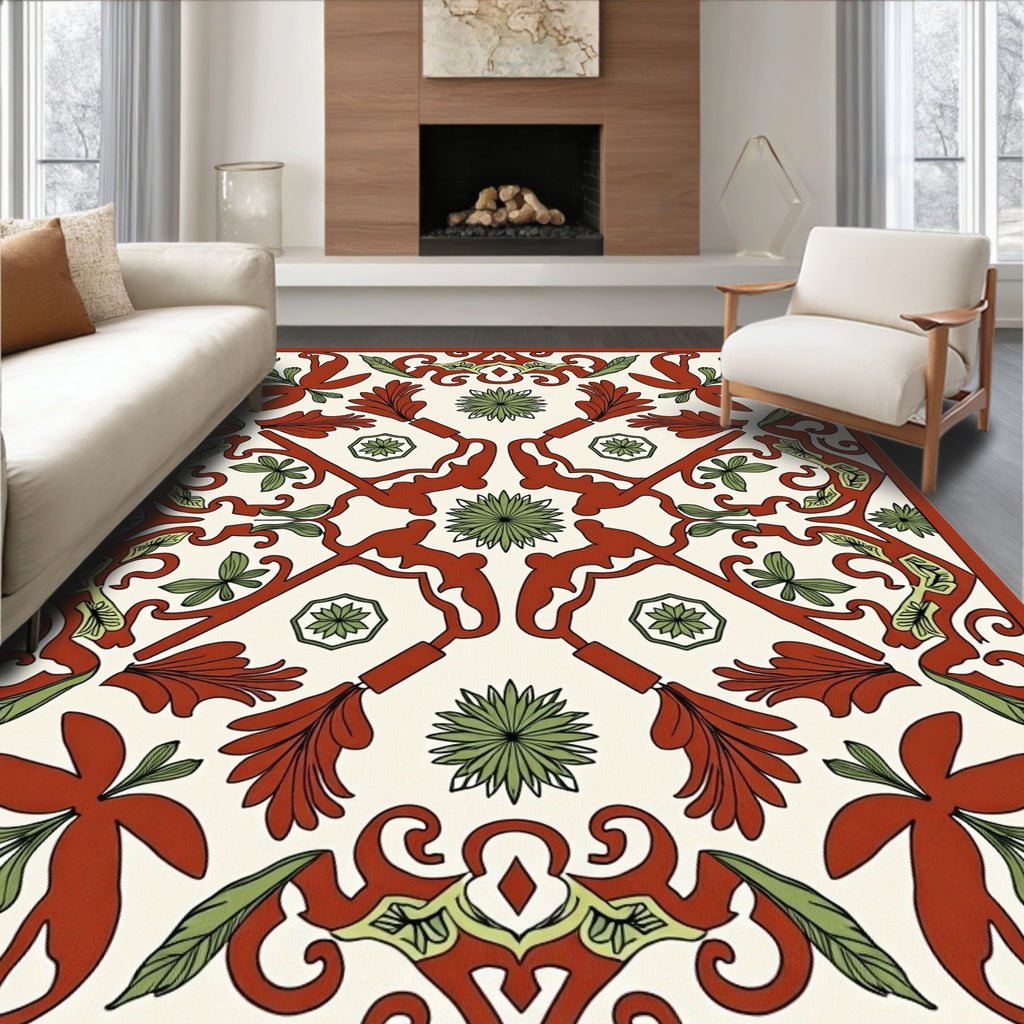 Terracotta Green Floral Botanical Medallion Rug