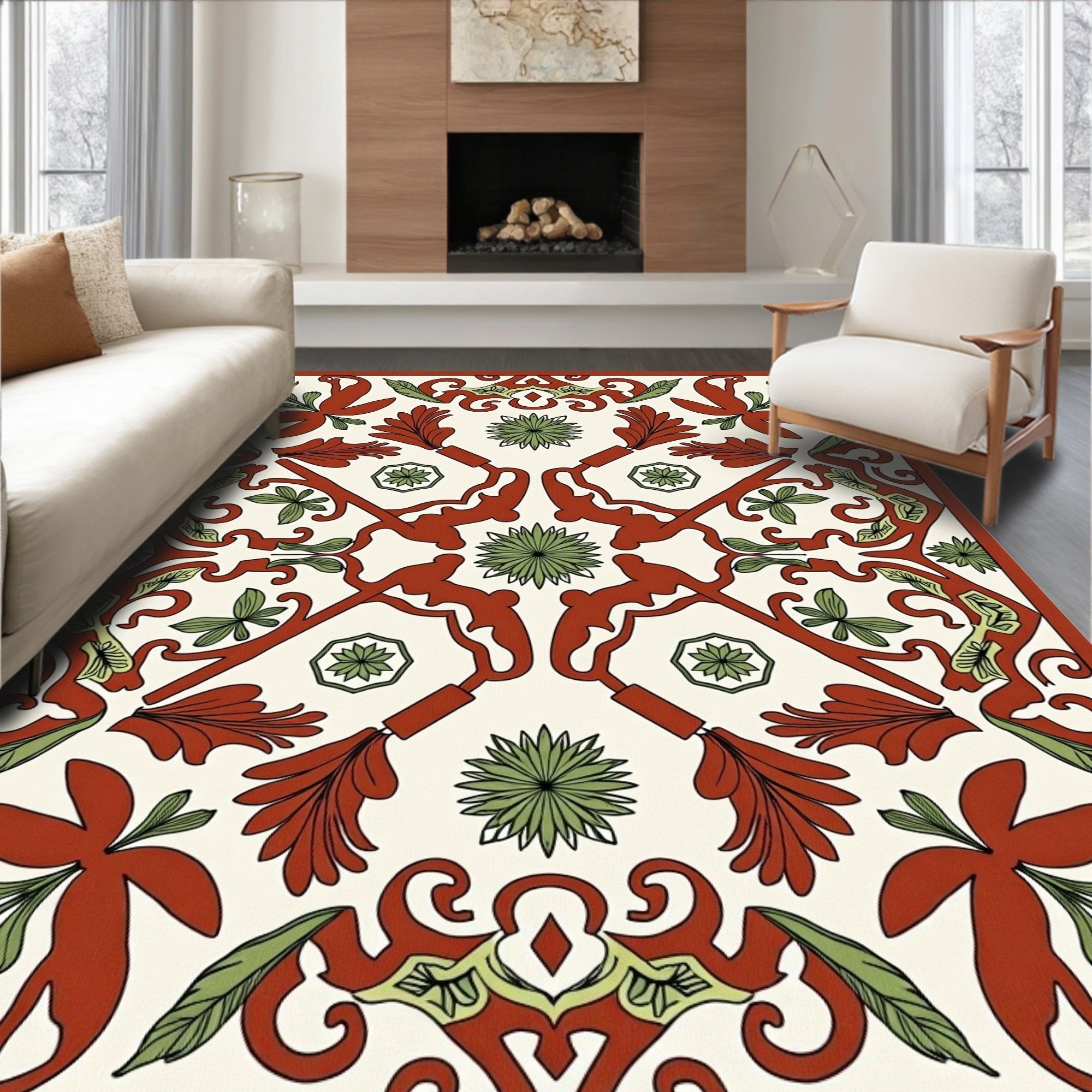 Terracotta Green Floral Botanical Medallion Rug