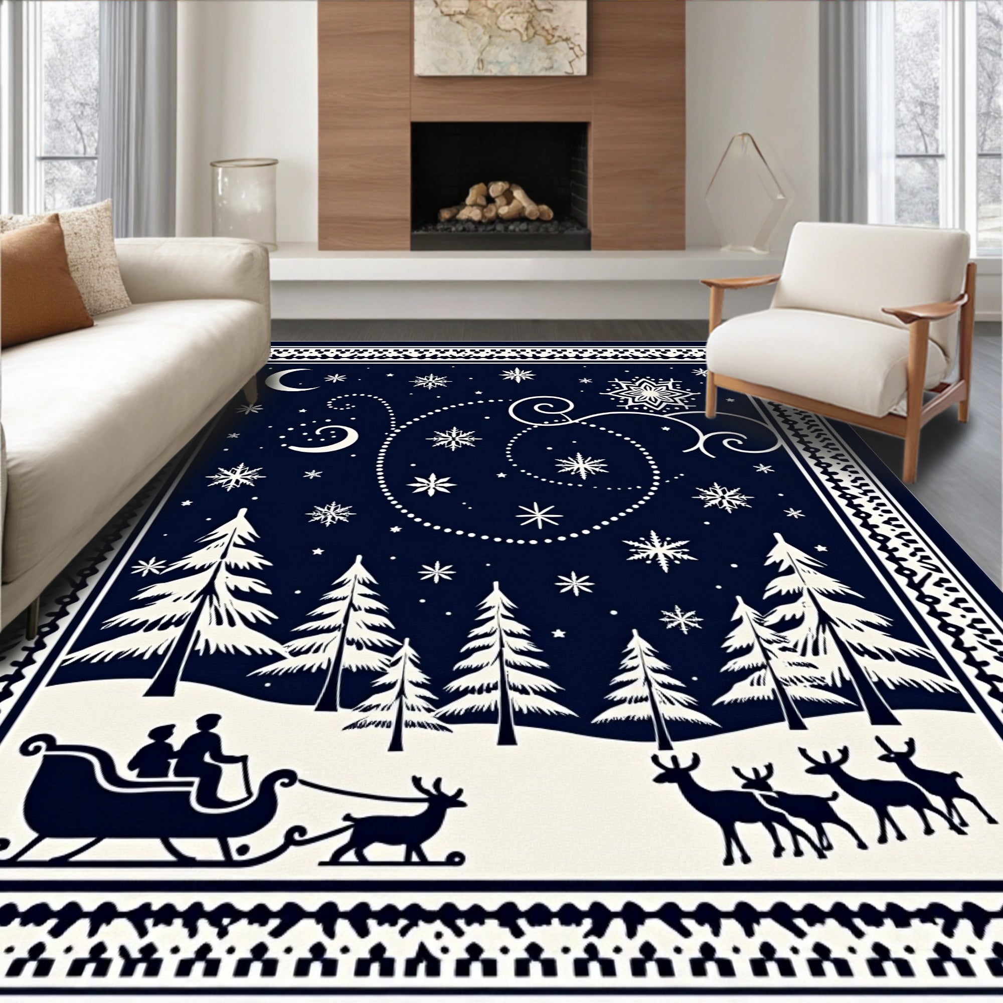 Midnight Sleigh Ride Snowflake Forest Rug