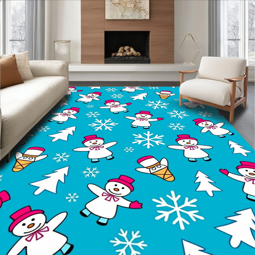Cheerful Snowman Snowflake Winter Scene Rug