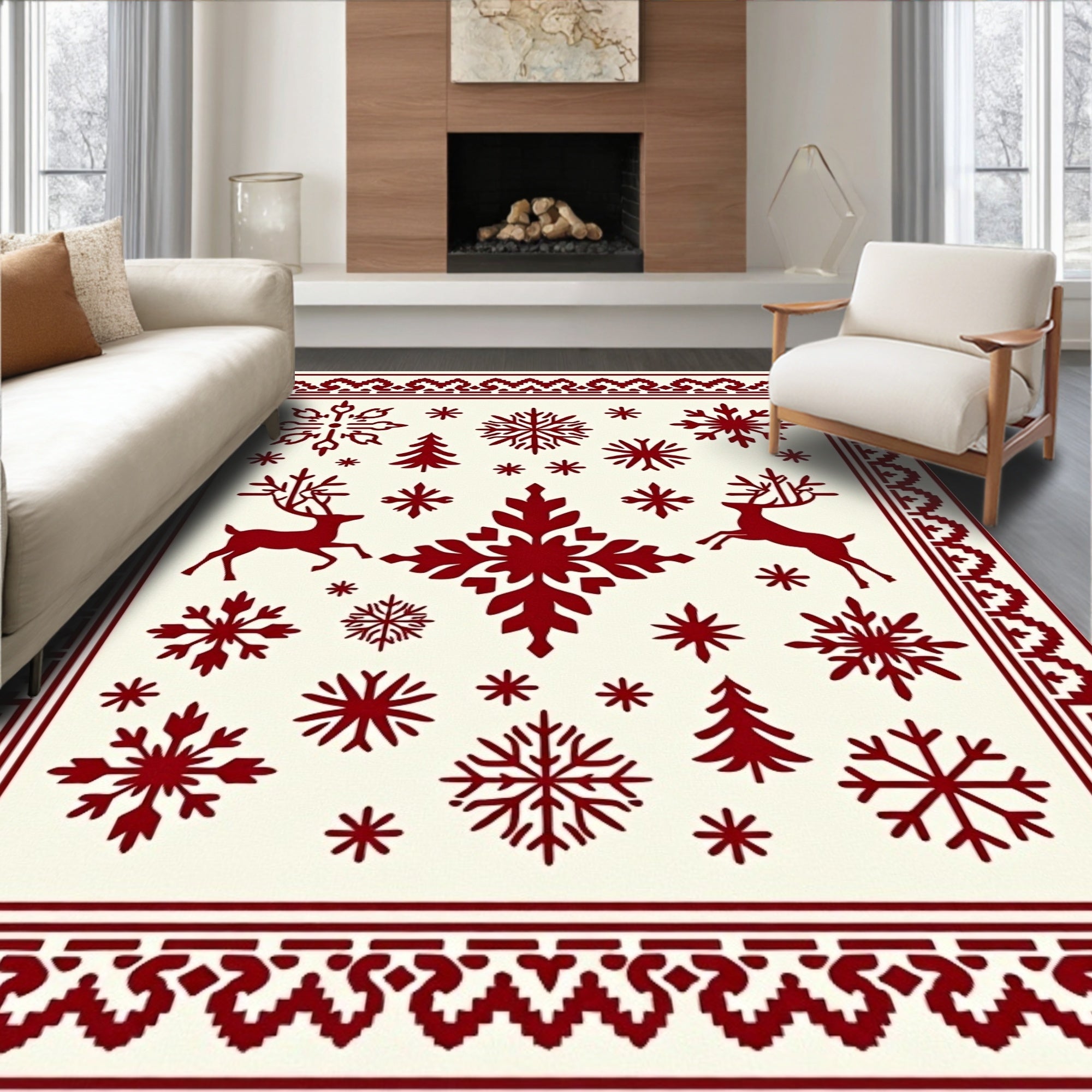 Deep Red Snowflake Deer Border Rug