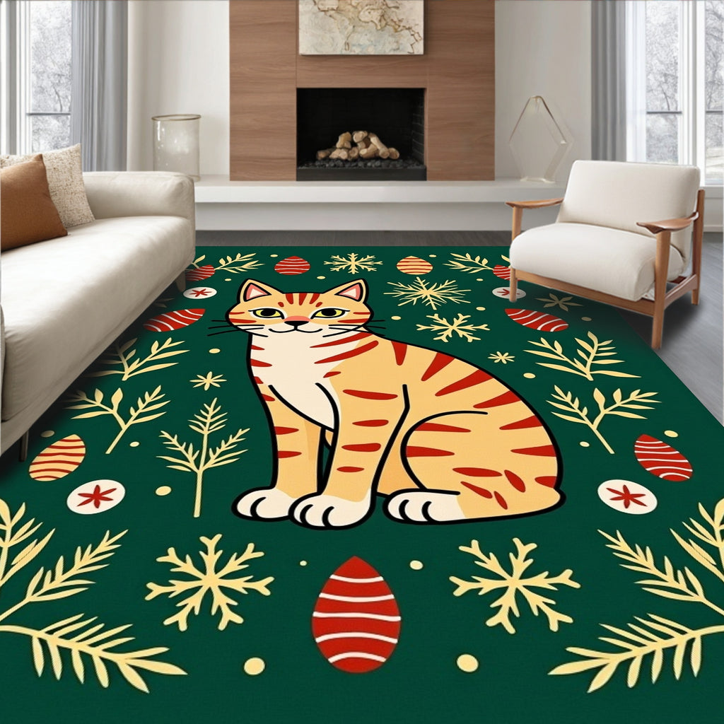 Ginger Cat with Snowflakes and Ornaments Rug