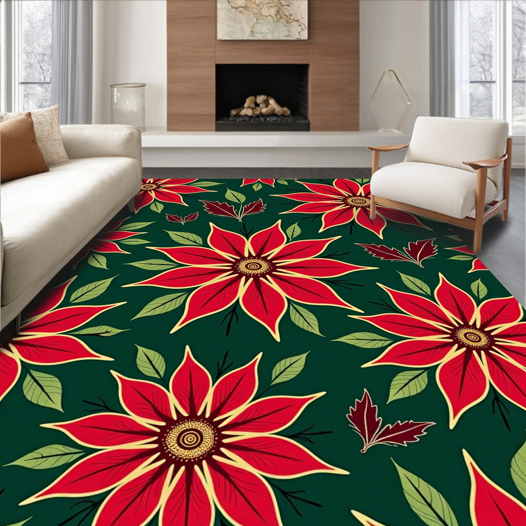 Vibrant Red Poinsettia Floral Swirl Rug