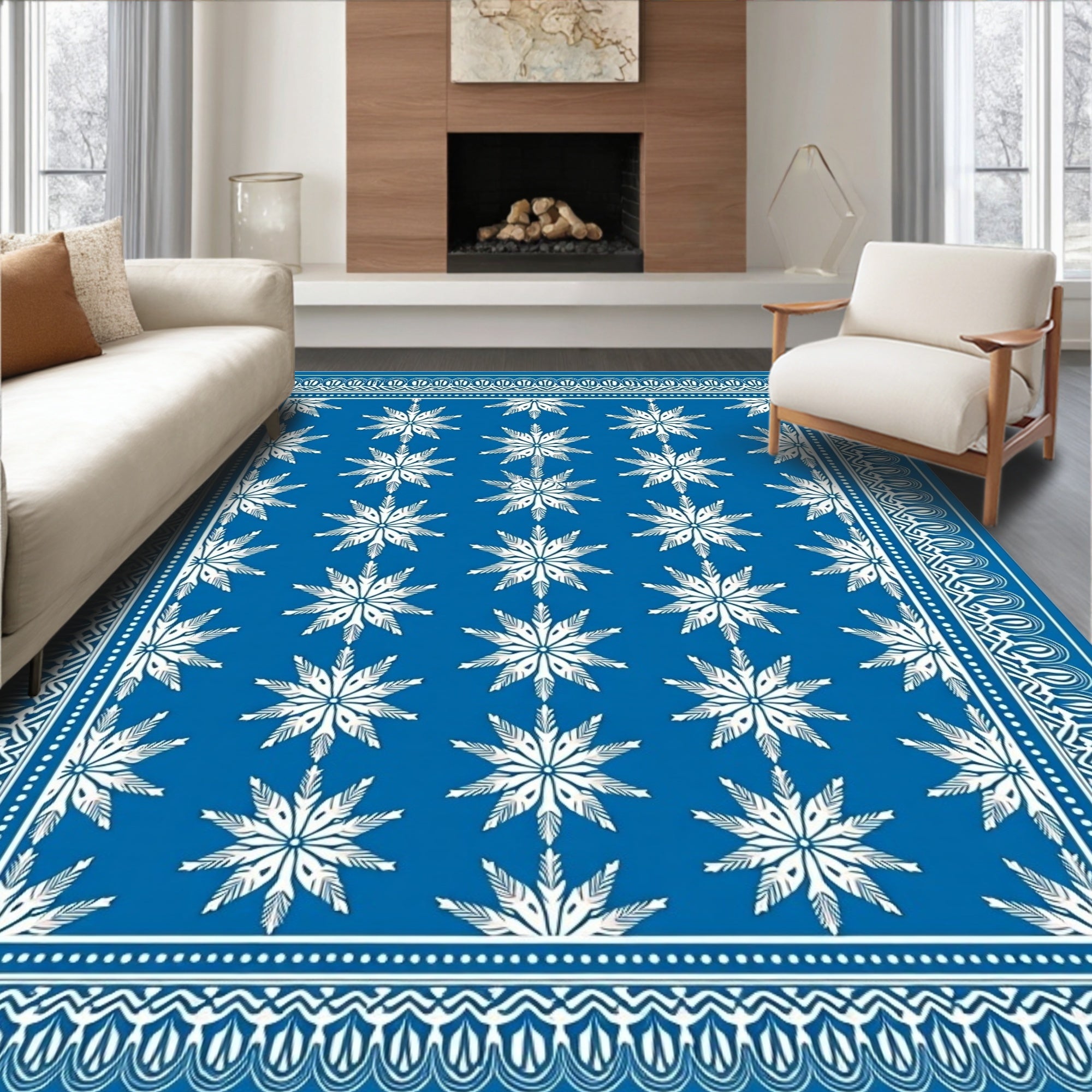 Bold Blue White Snowflake Medallion Rug