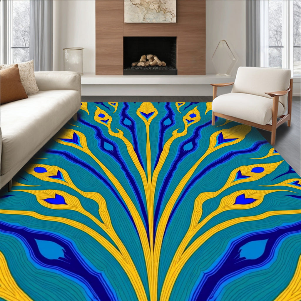 Turquoise Gold Peacock Feather Swirls Rug