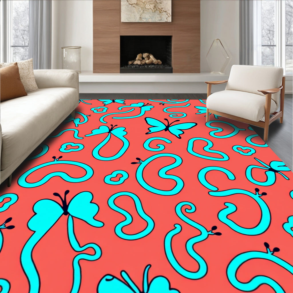 Coral Teal Whimsical Butterfly Flow Rug