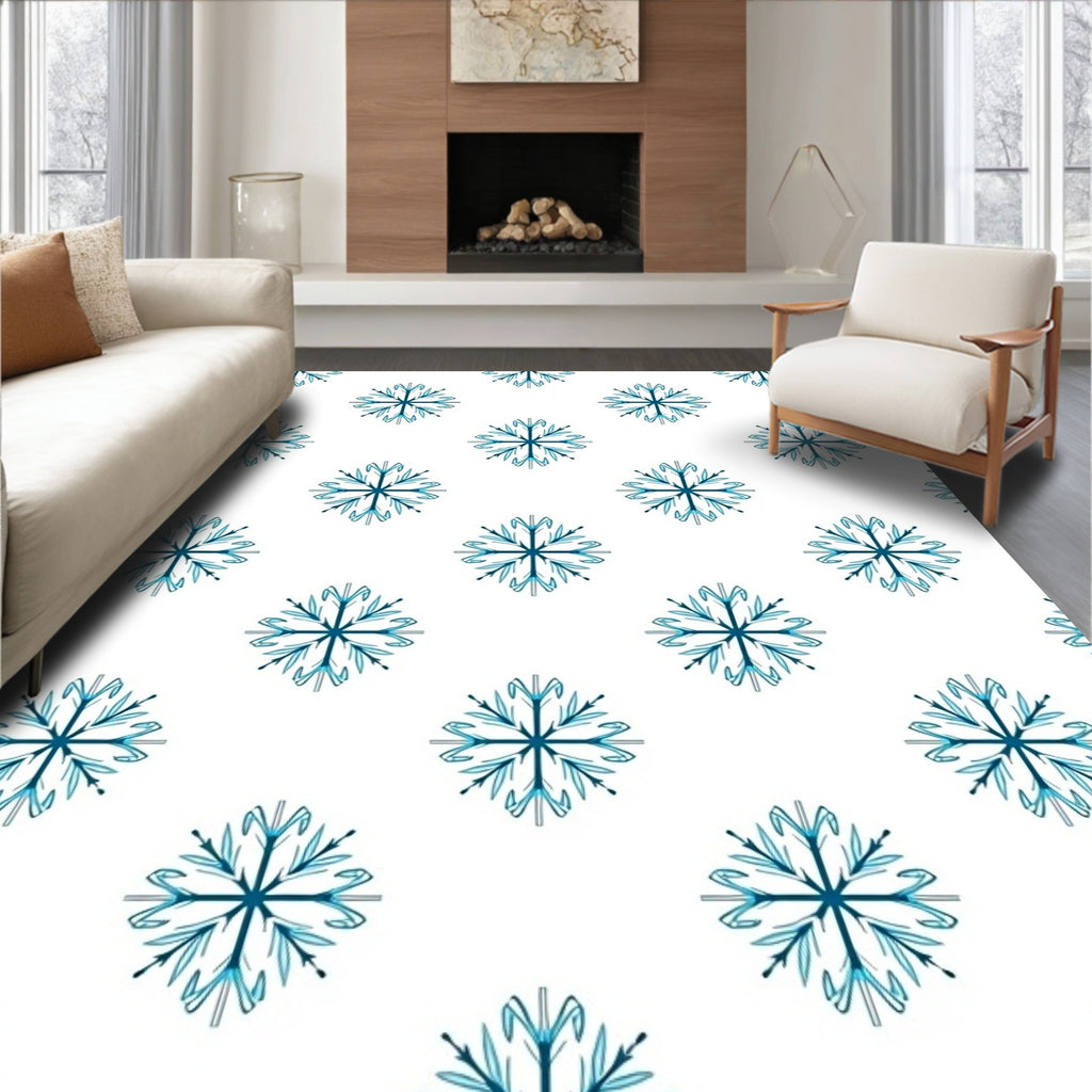 Blue Snowflake Repeat On White Rug