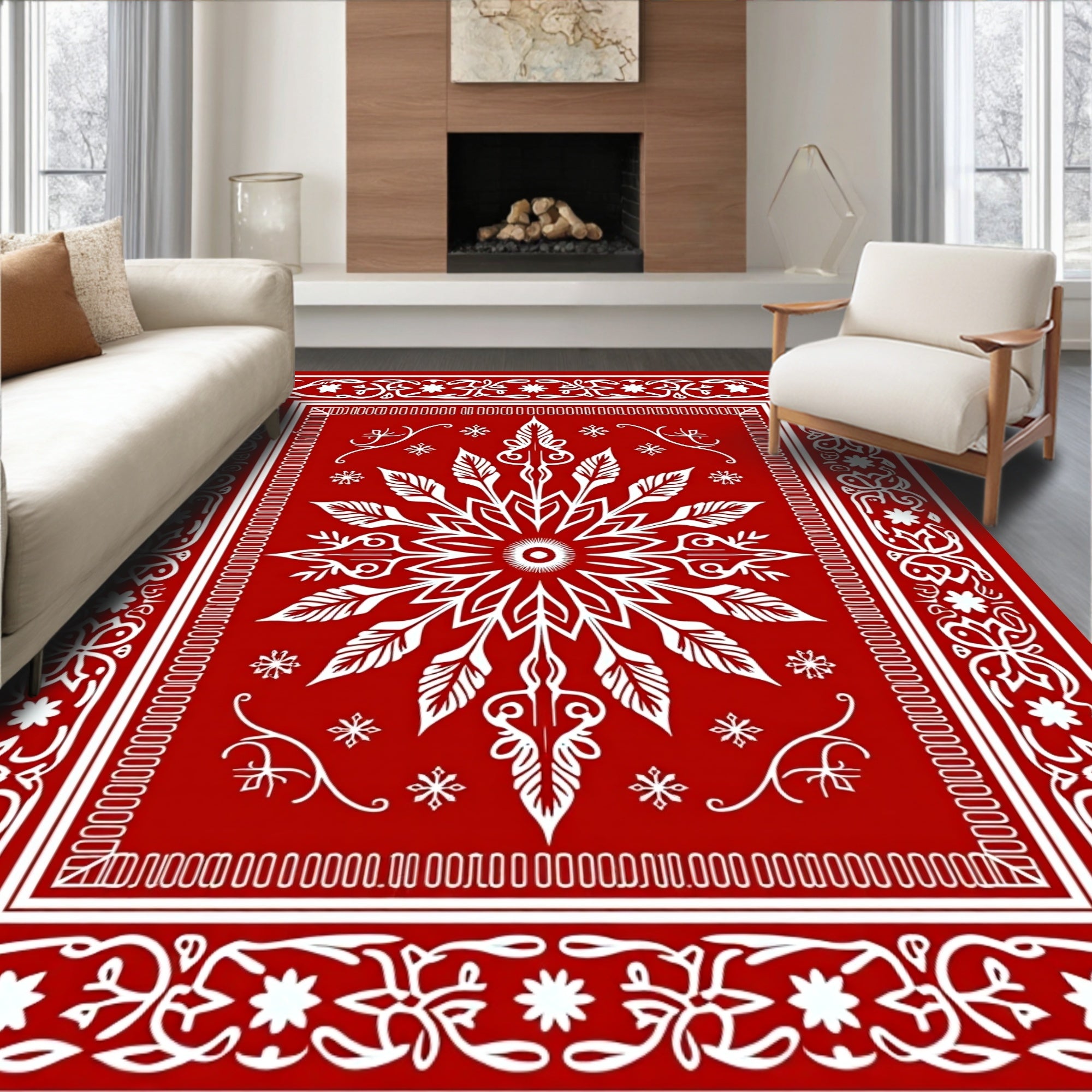 Vibrant Red Floral Medallion Art Rug
