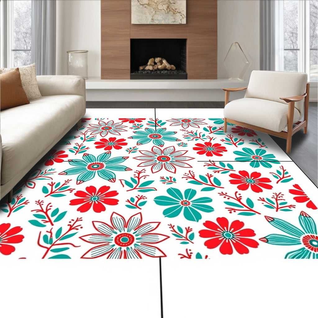 Red Teal Floral Garden Medley Rug