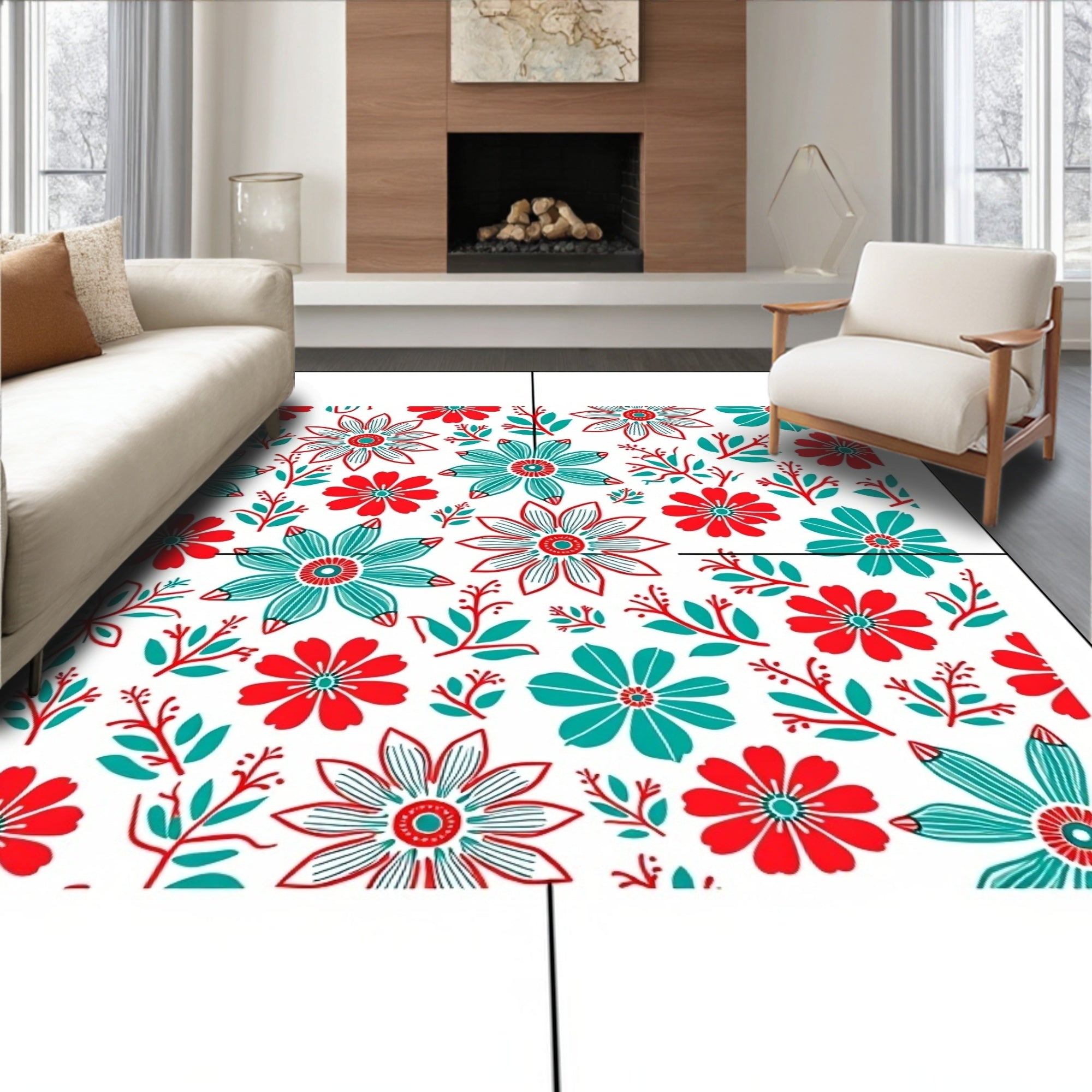 Red Teal Floral Garden Medley Rug