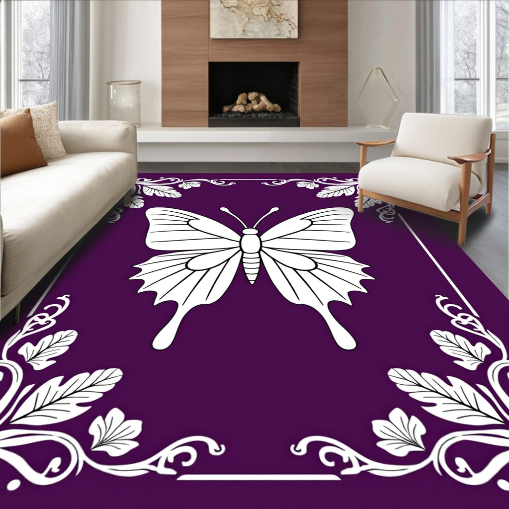 Purple White Butterfly Floral Frame Rug