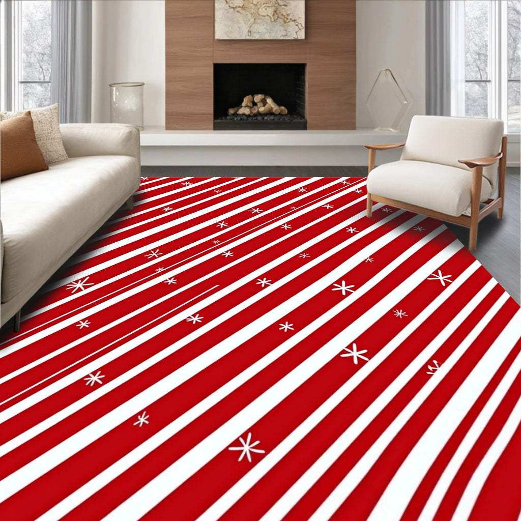 Red White Diagonal Stripe Star Rug