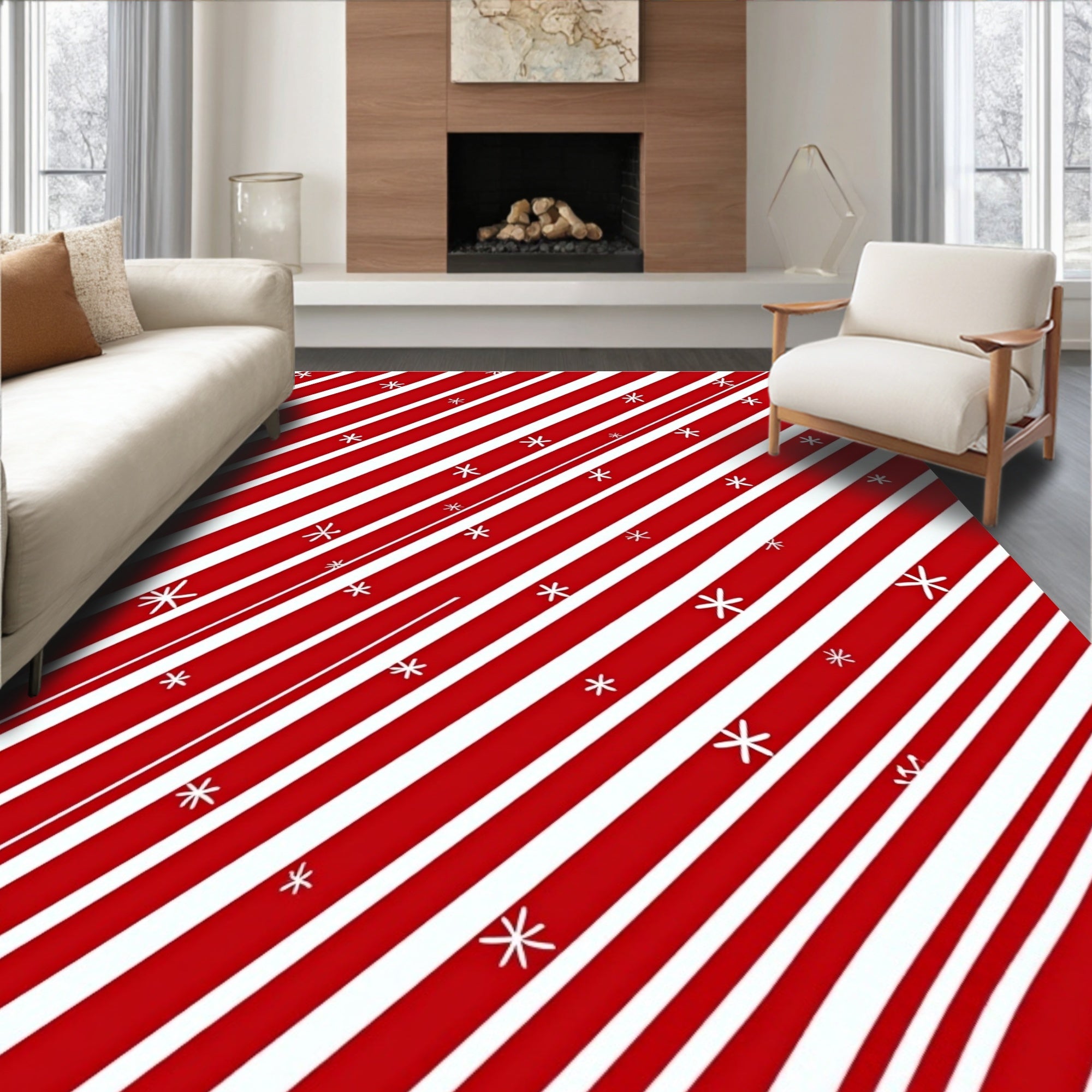 Red White Diagonal Stripe Star Rug