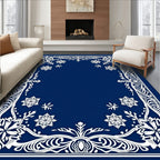 Deep Blue Snowflake Border Art Rug