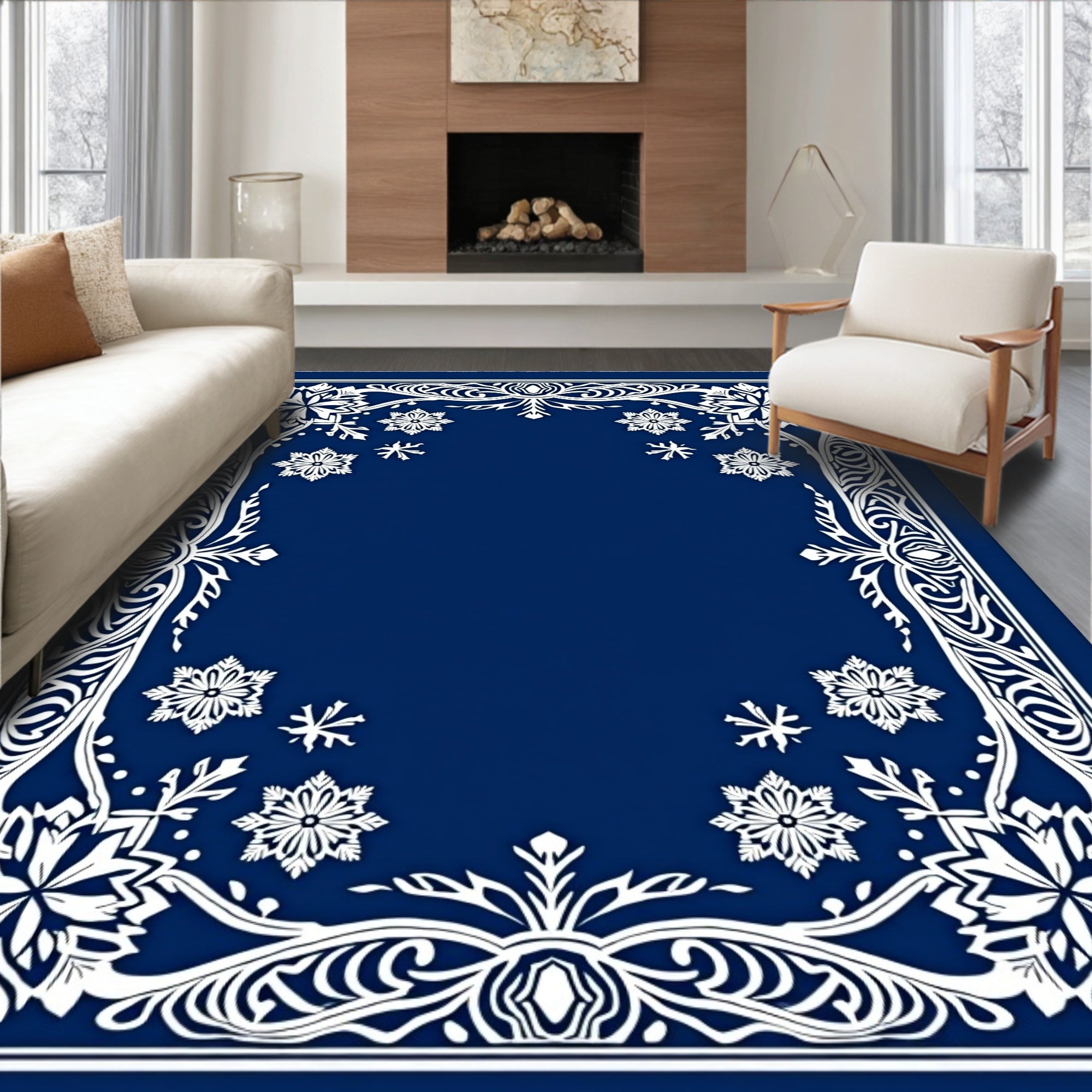 Deep Blue Snowflake Border Art Rug