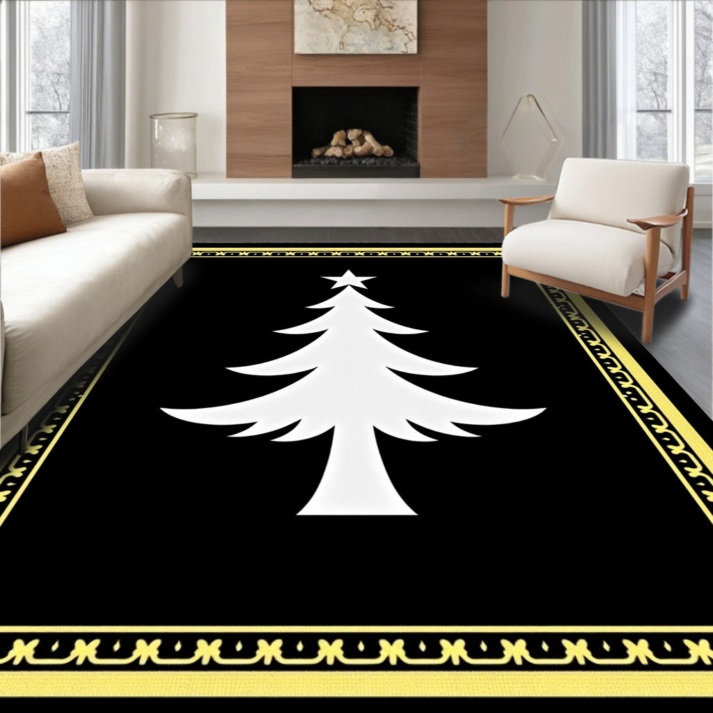 Elegant Black White Tree Border Rug