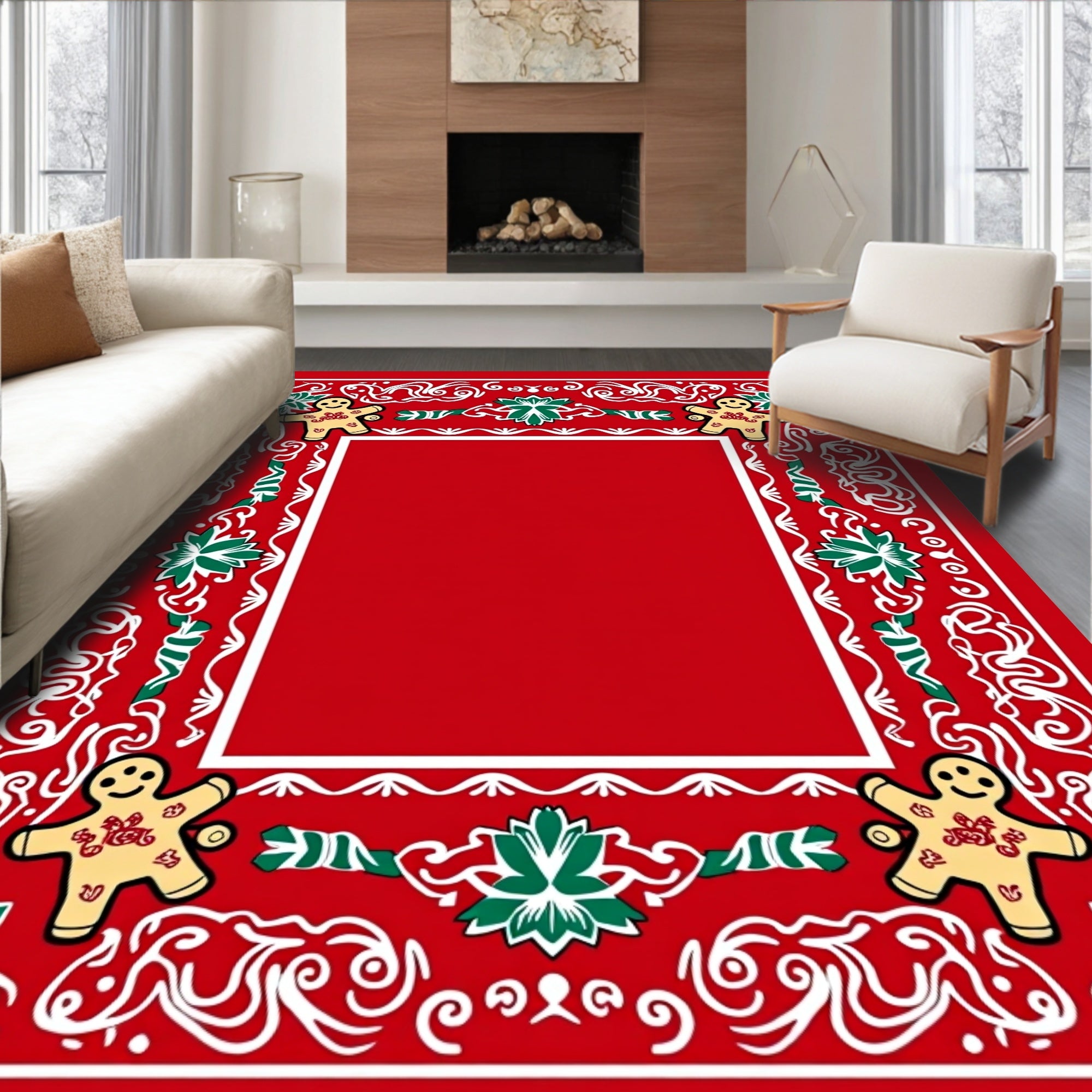 Red Gingerbread Man Holly Border Rug