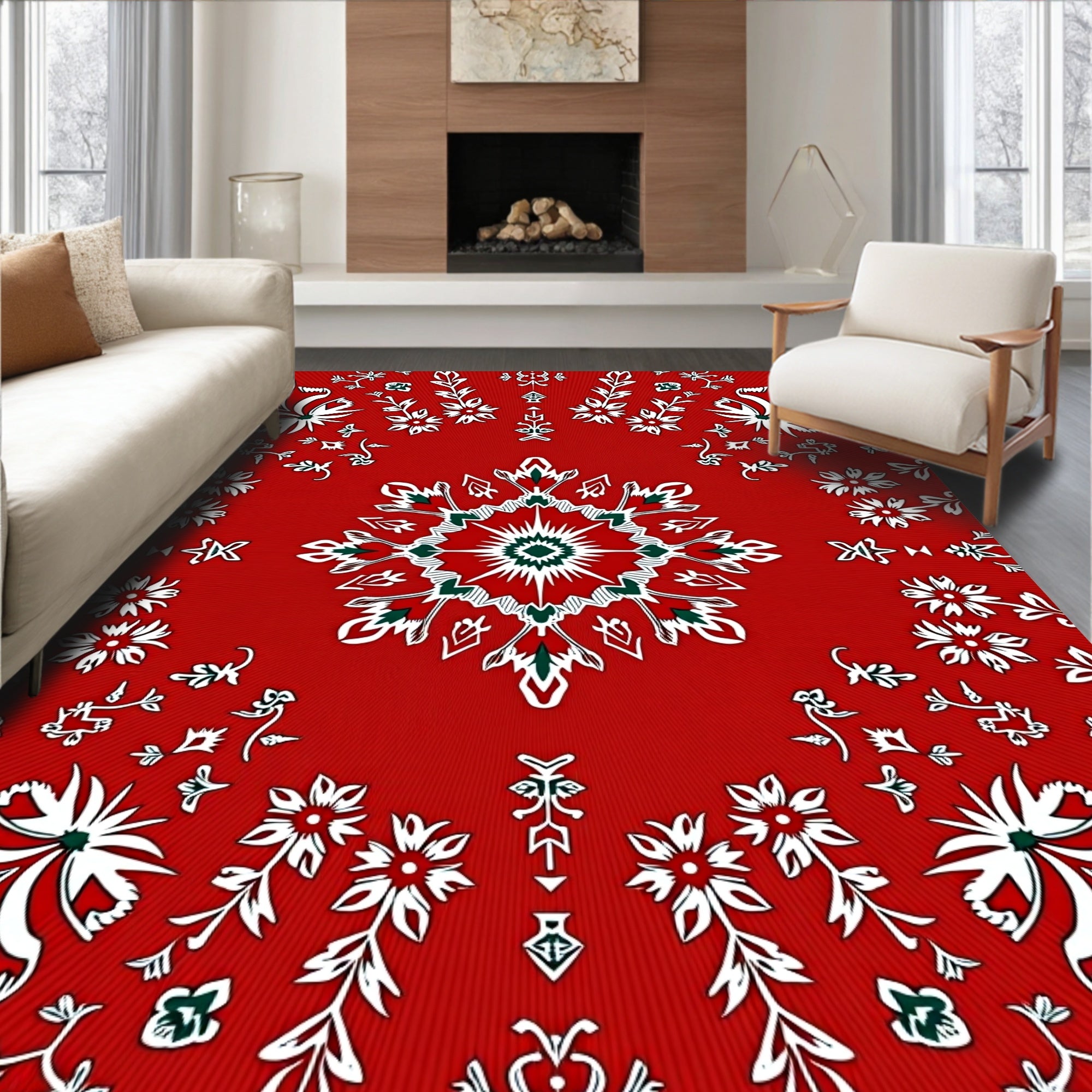 Bold Red Floral Medallion Mandala Rug