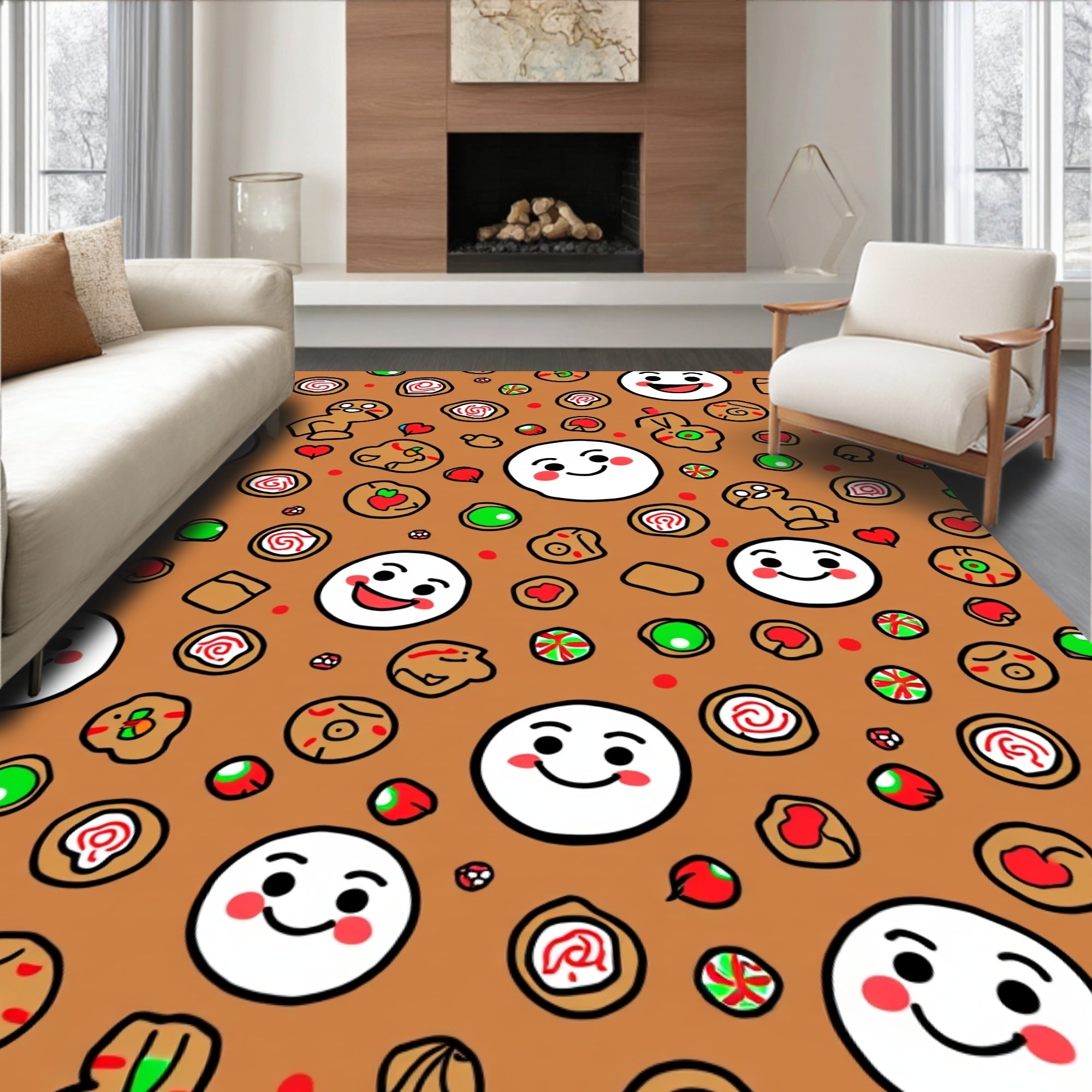 Joyful Gingerbread Faces Candies Cookies Rug