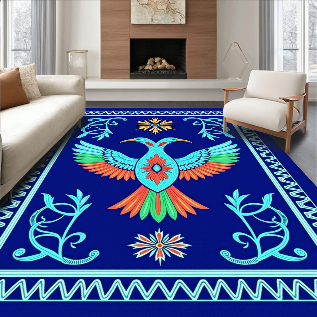 Vibrant Blue Twin Bird Floral Rug