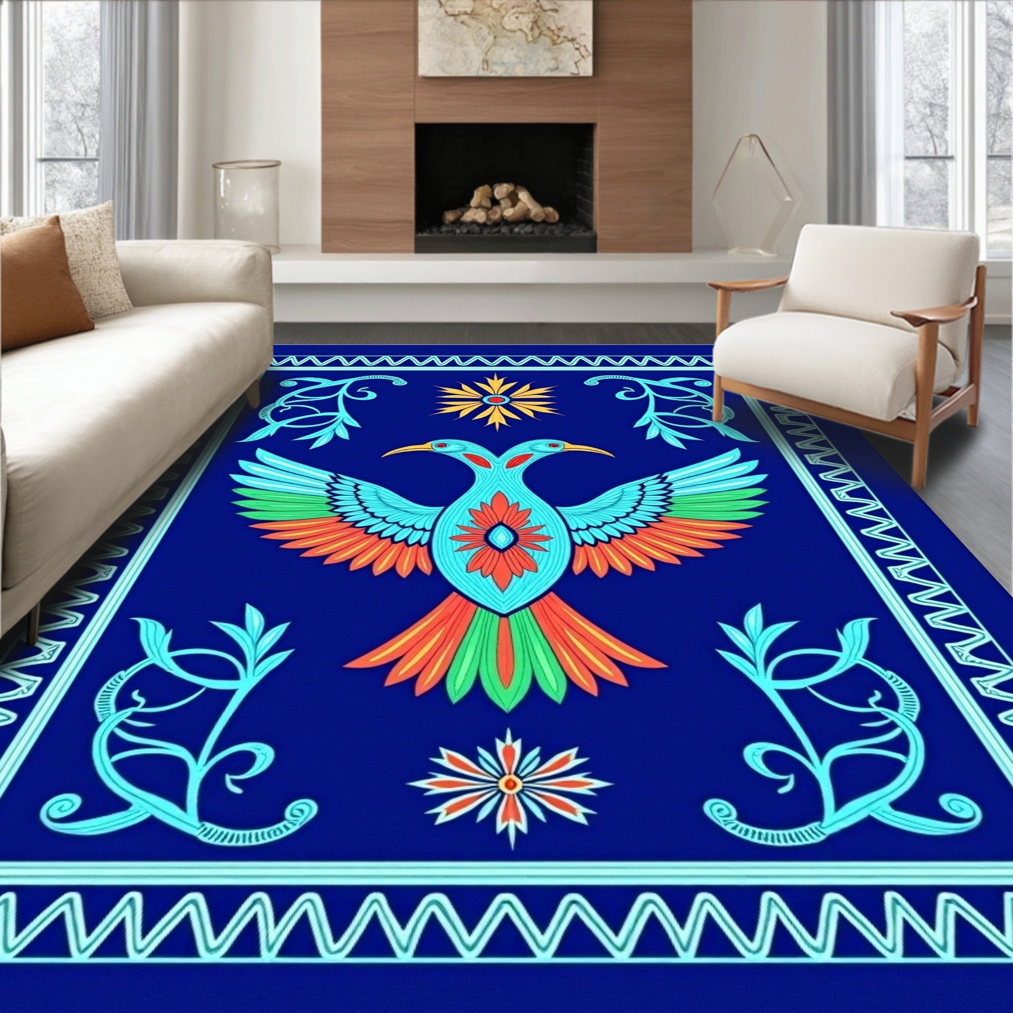 Vibrant Blue Twin Bird Floral Rug